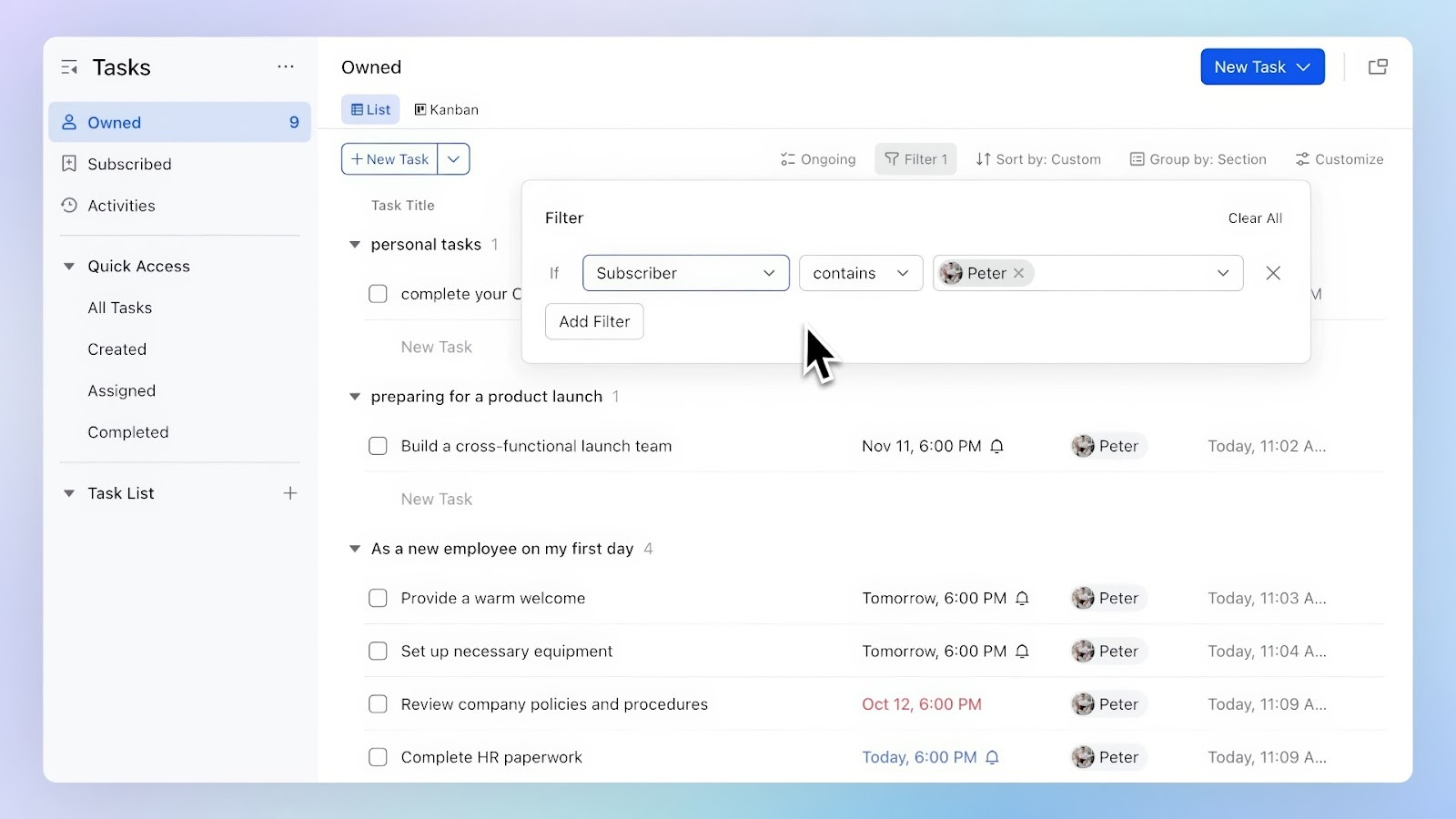 Lark's task management and filtering feature