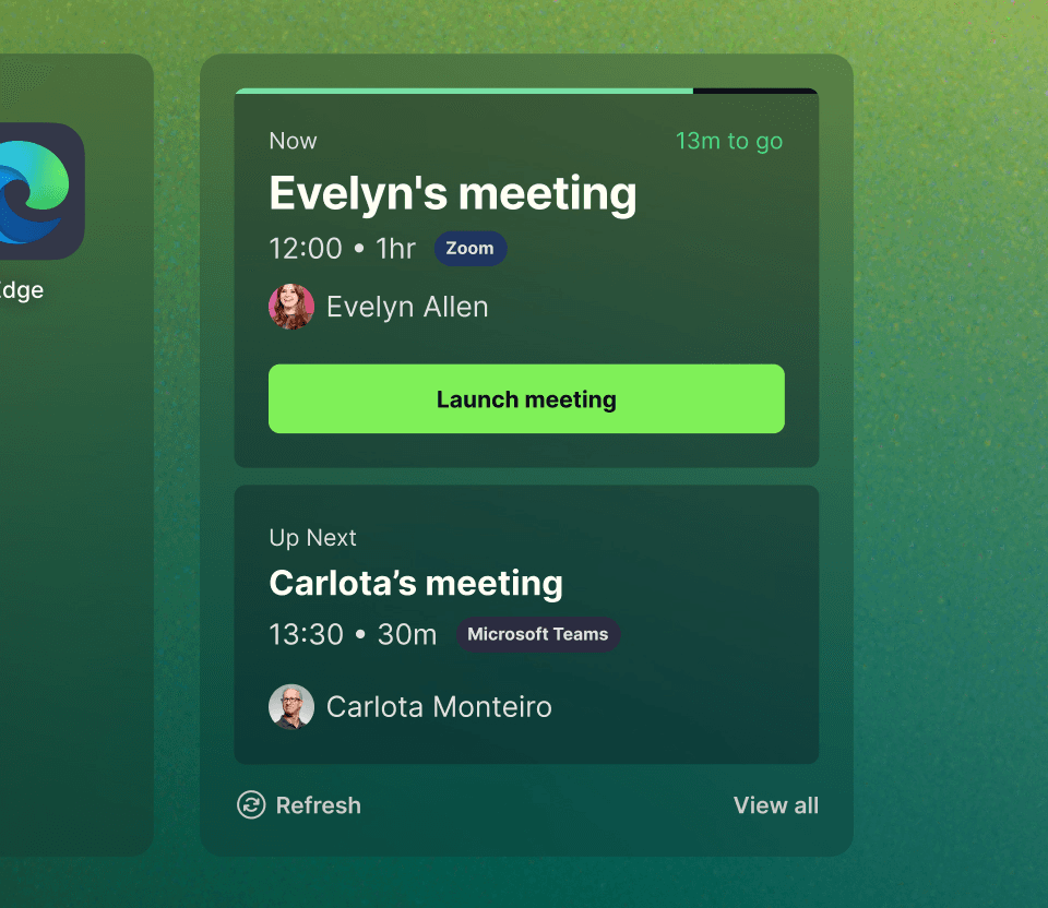 A look at the Room calendar panel on the Launcher home screen, showing a meeting that's on now and one that's scheduled for later in the day