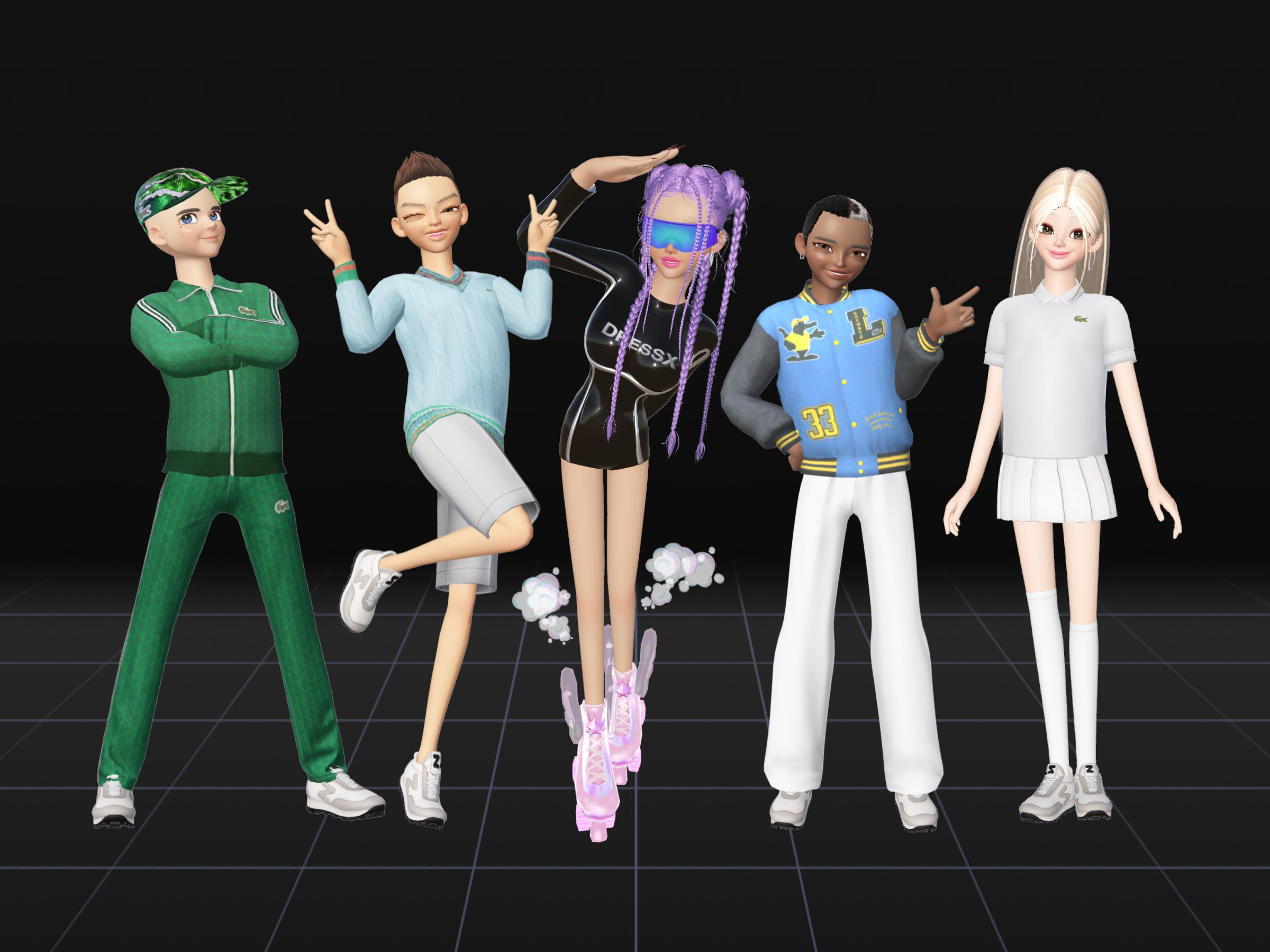 Zepeto avatars wearing various outfits created by DRESSX