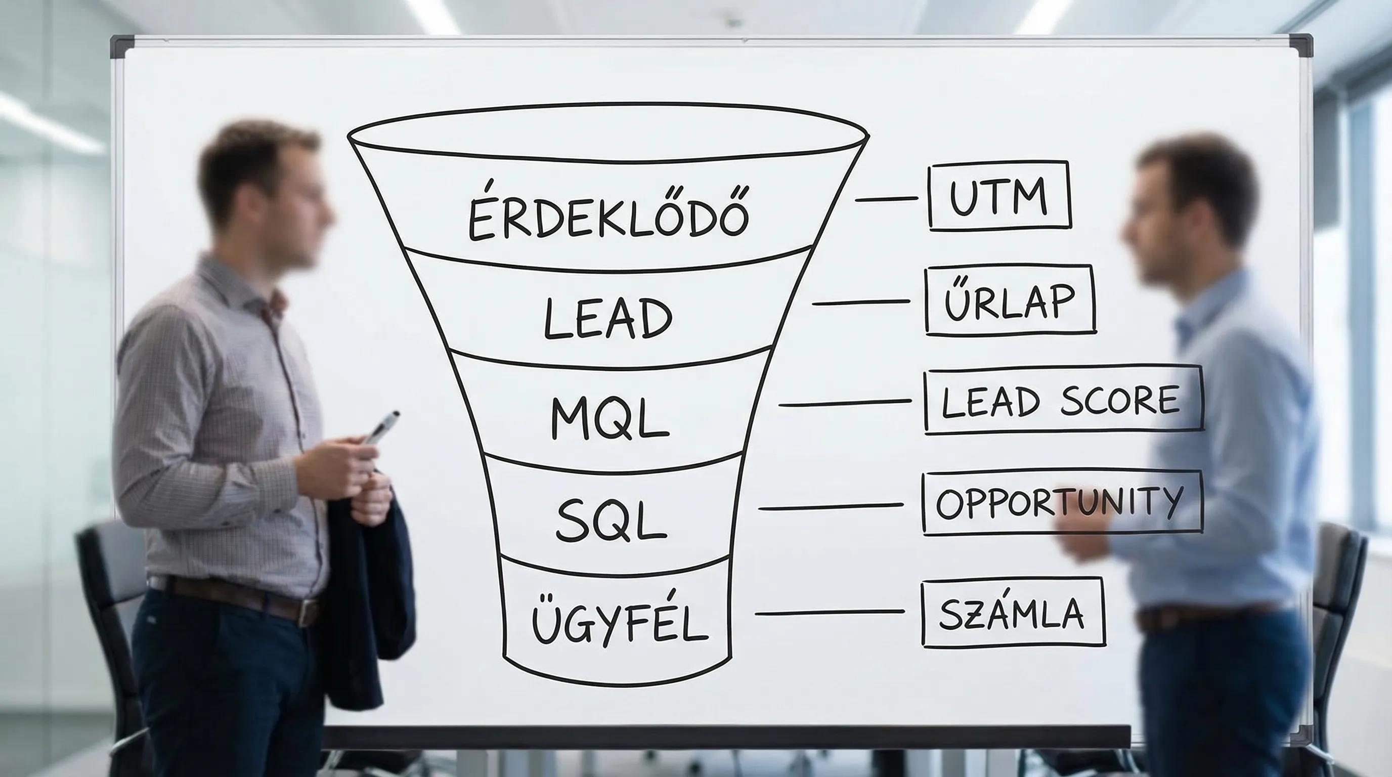 Egy egyszerű funnel ábra: érdeklődő -> lead -> MQL -> SQL -> ügyfél, mellette jelölve a mérési pontok (UTM, űrlap, lead score, opportunity, számla).