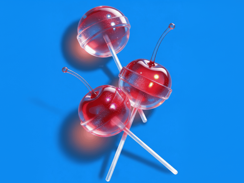 Three glossy CGI lollipops with transparent round casings encasing red cherries complete with stems, arranged in a playful crossing pattern against a vivid blue background.