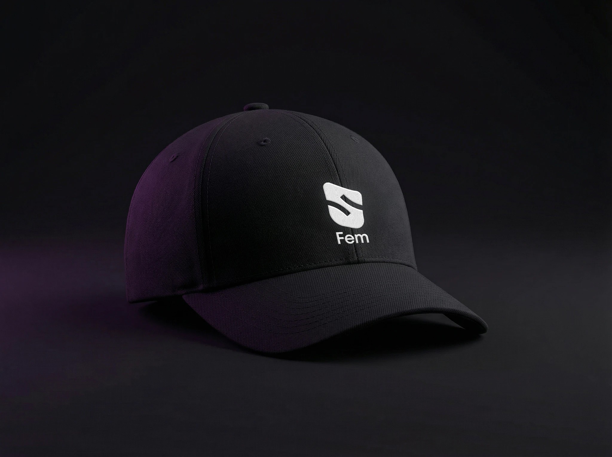A black baseball cap with the FEM Sweden logo embroidered on the front, photographed against a dark background as part of the brand merchandise range.