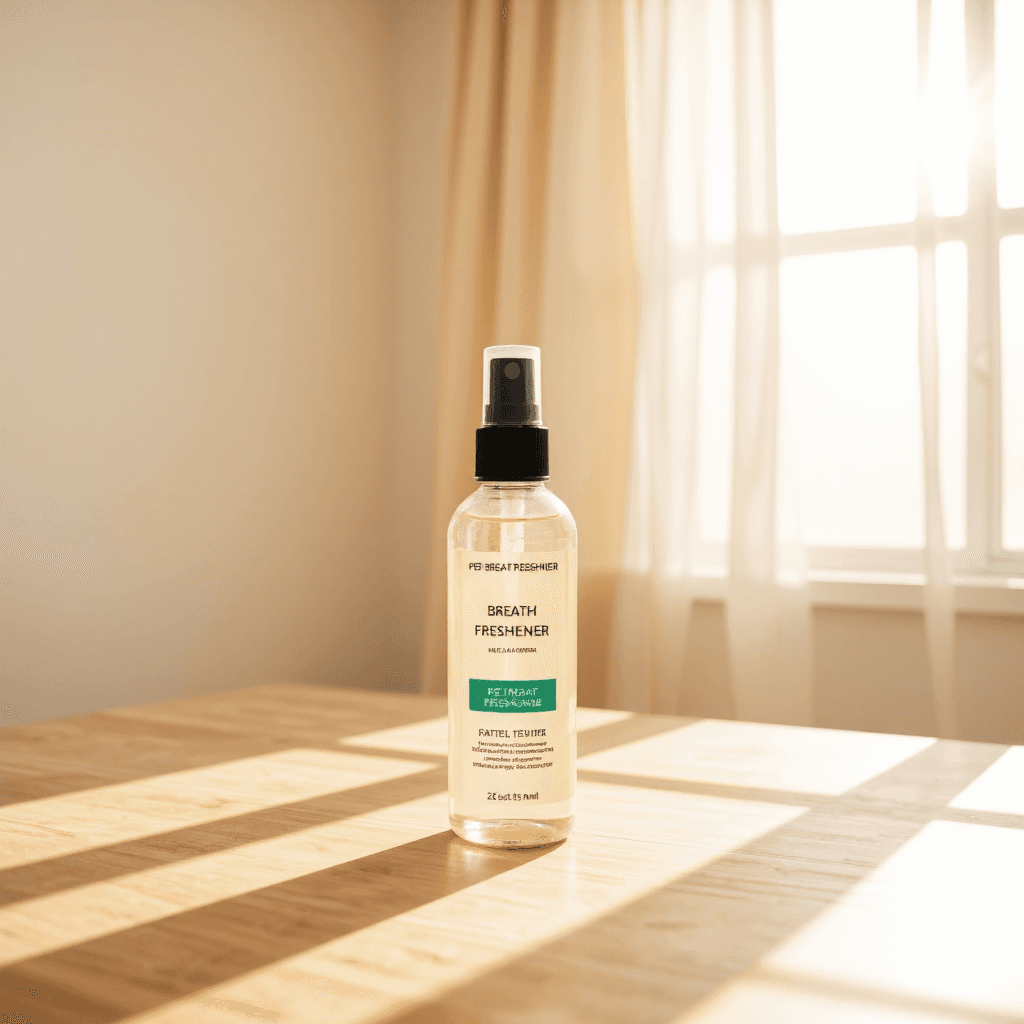product photography of a bottle of pet breath freshener