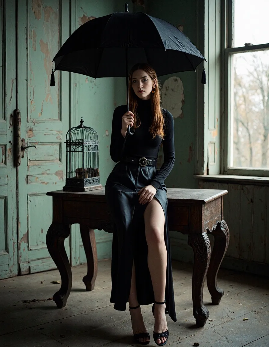 Atmospheric photoshoot featuring a black umbrella, vintage table, and birdcage in a distressed mint green room with dramatic lighting