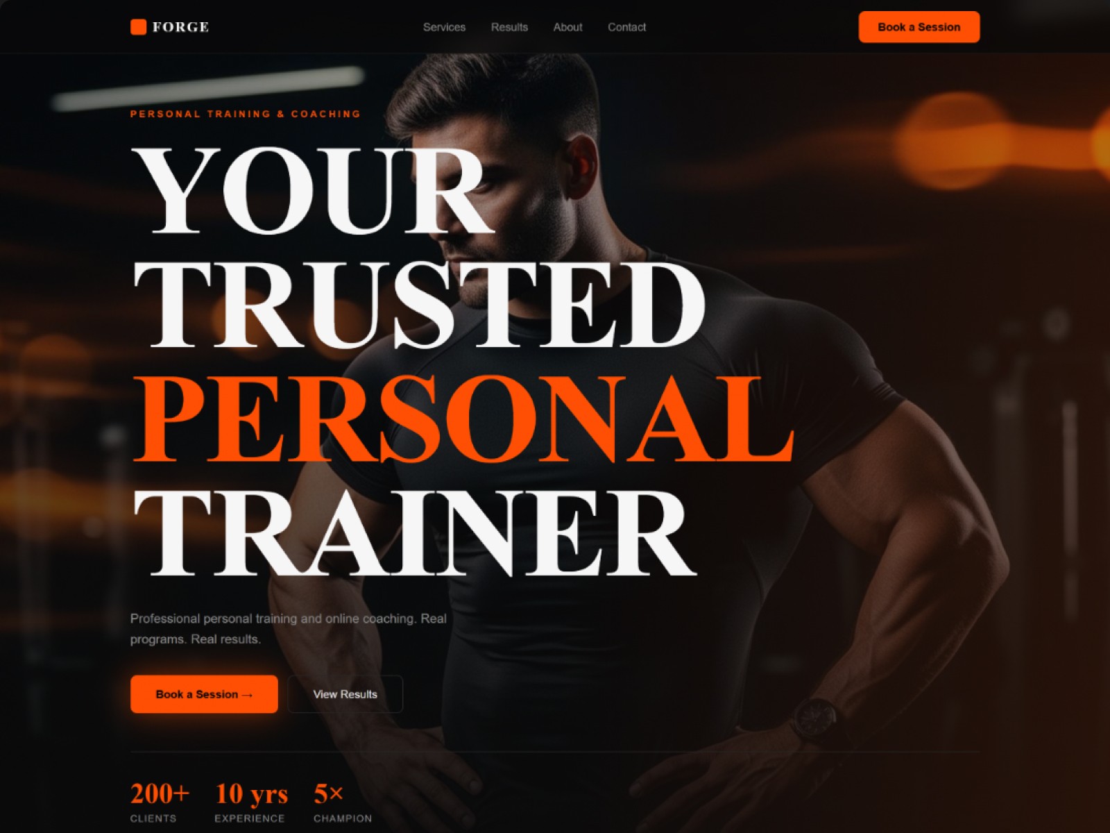 Personal trainer AI website prompt — full desktop view with dark hero section, bold headline, and orange accents