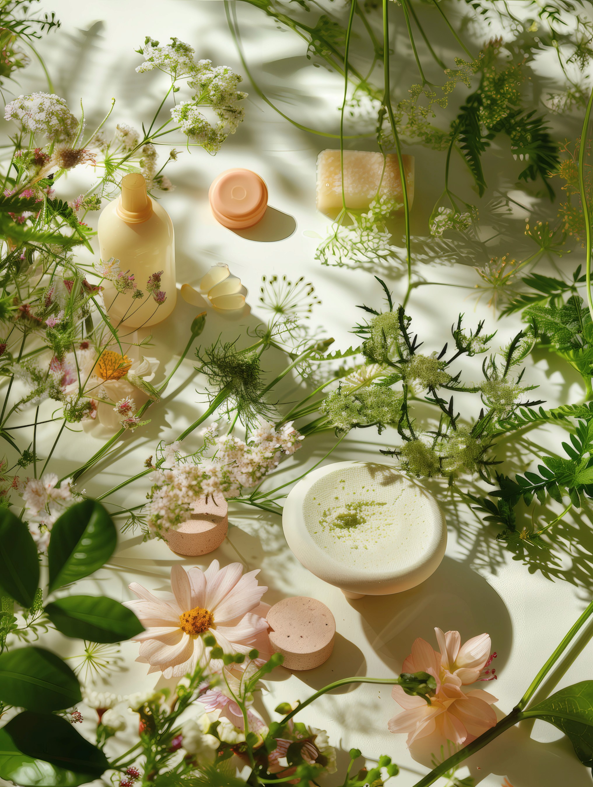 Natural skincare products surrounded by flowers and botanical ingredients in soft sunlight
