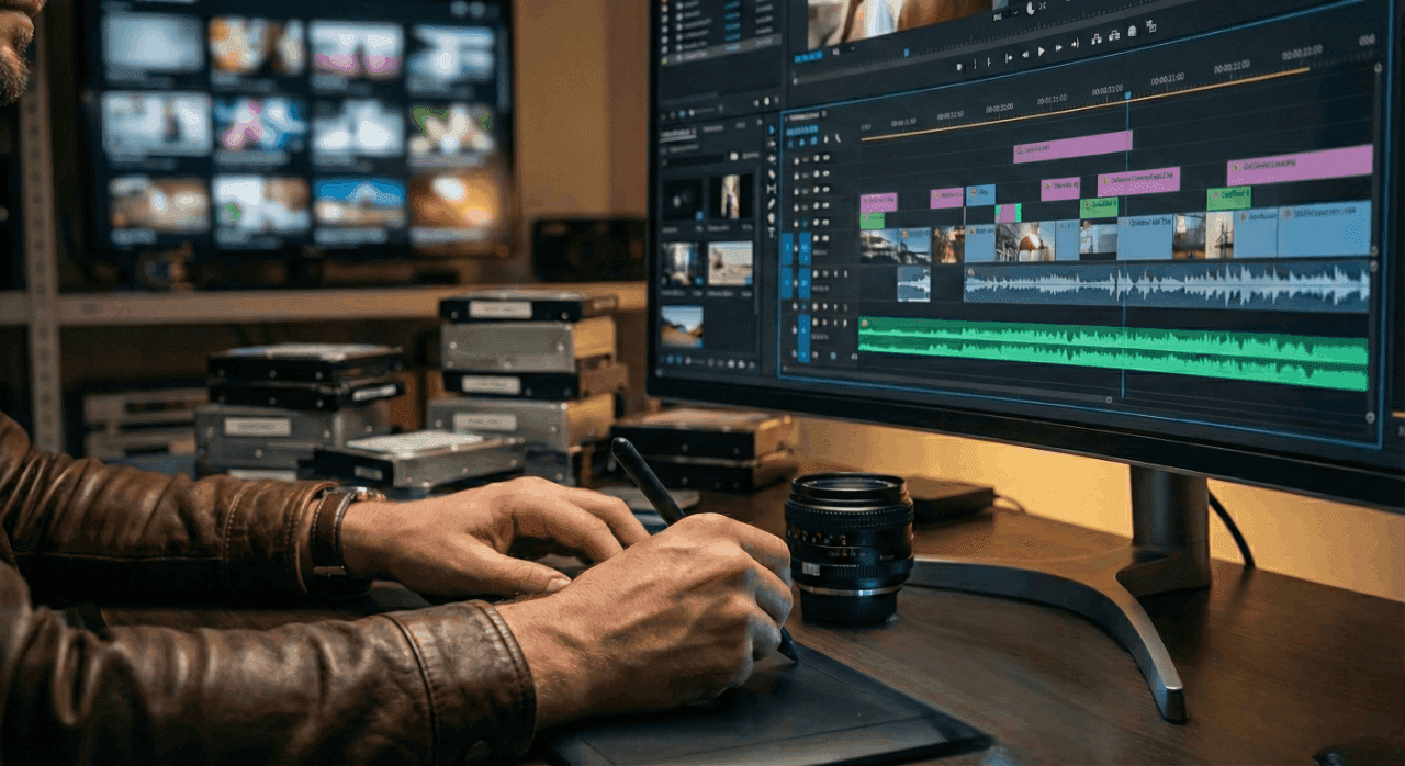 Video editor working on a timeline with clips and audio tracks in professional video editing software at a desk.
