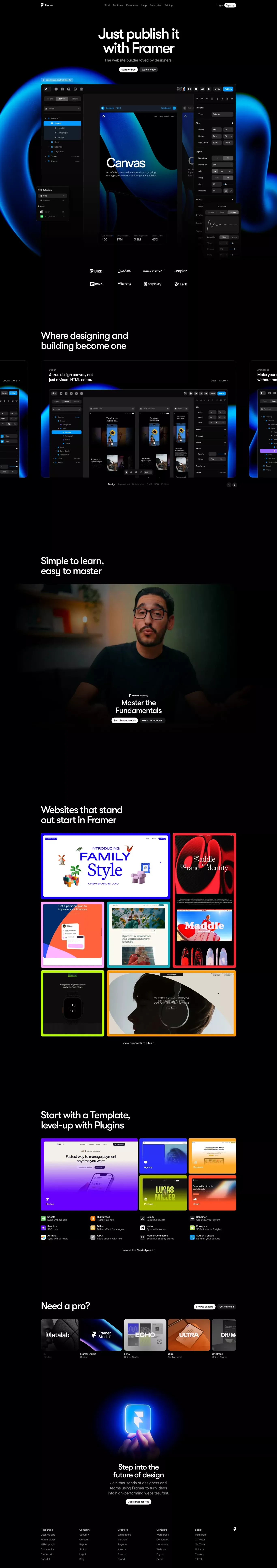 Framer: The website builder loved by des portfolio page screenshot showcasing Design and Tech design