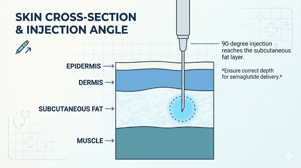 Proper semaglutide injection depth showing needle reaching subcutaneous fat layer