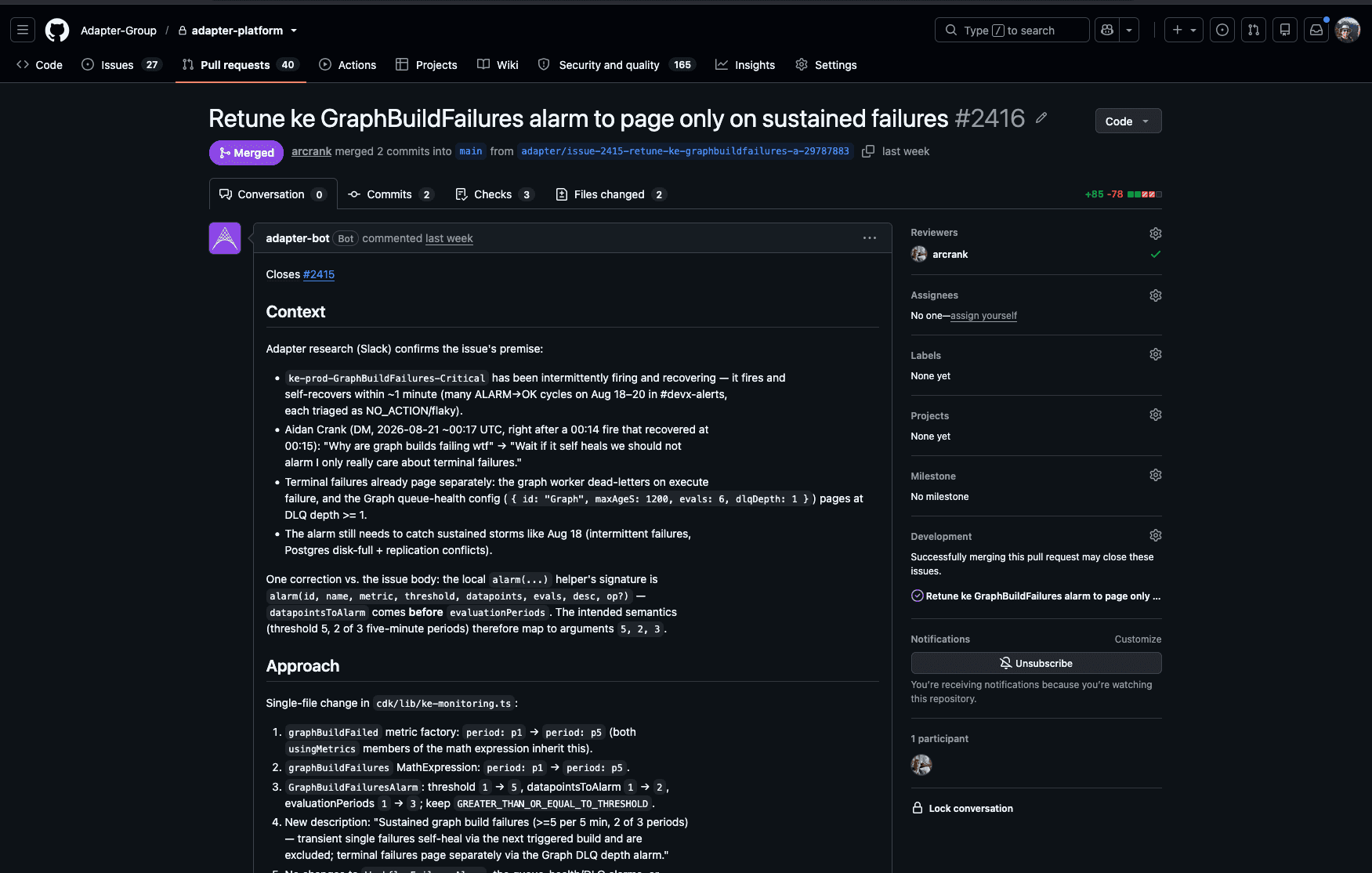Adapter-Bot comments on a GitHub pull request with evidence gathered from Slack, a correction to the issue, and its proposed implementation approach