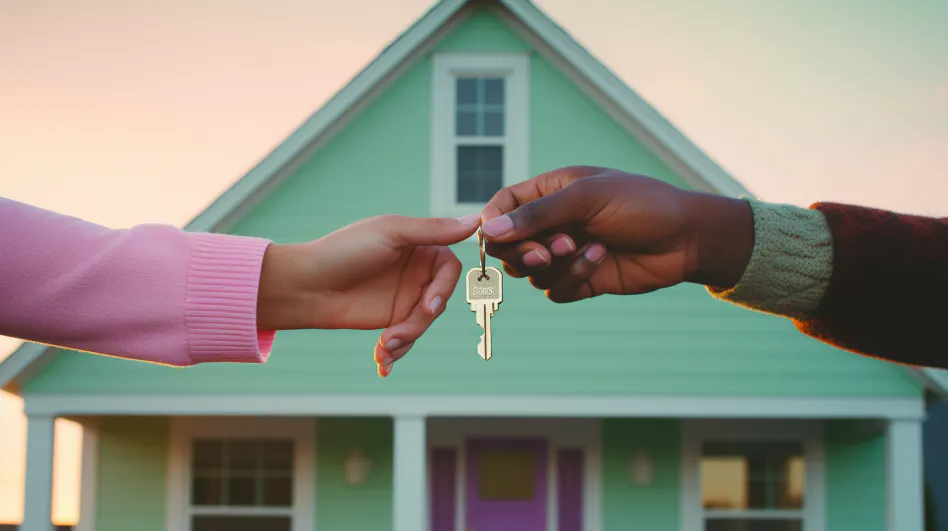 Two people exchange keys in front of a new home