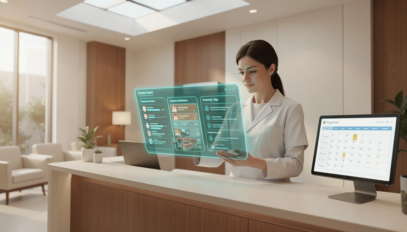 A professional dental practice manager, with a calm and professional expression, is reviewing a teal holographic AI dashboard. 