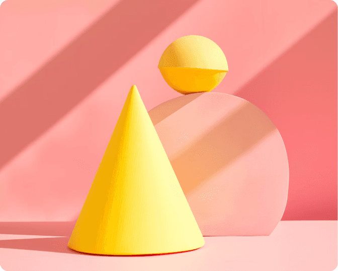 Minimalist abstract design with yellow cone, sphere, and pink background.