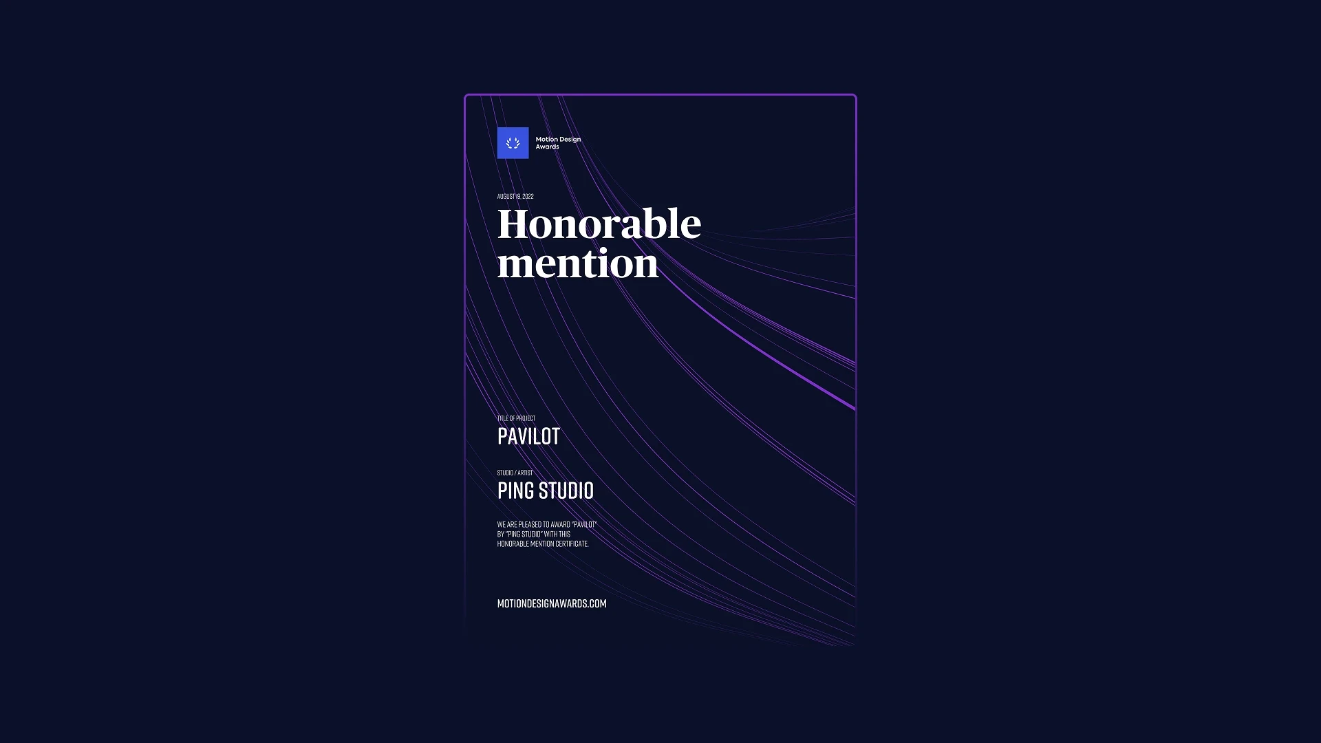 Award certificate for the Pavilot project by PING Studio, recognized by Motion Design Awards for excellence in UI animation and explainer video.