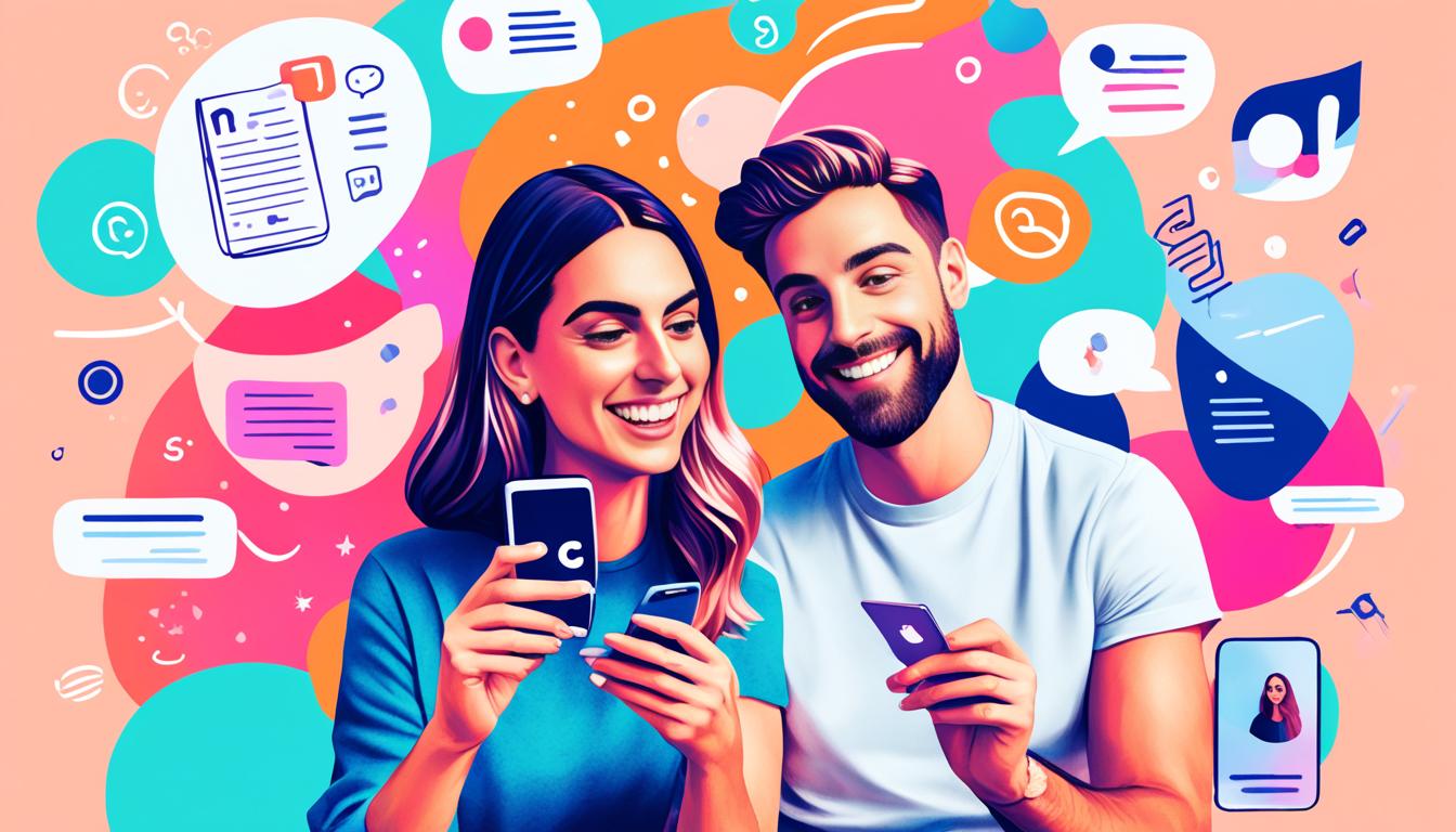 An abstract illustration of two people collaborating on Instagram. One person is holding a phone with an influencer's profile open, while the other person is holding a notepad and pen, jotting down ideas. There are thought bubbles above their heads with various hashtags, and in the background, there are images of past collaborations they've done together. The color palette is bright and energetic to reflect the excitement of working together.