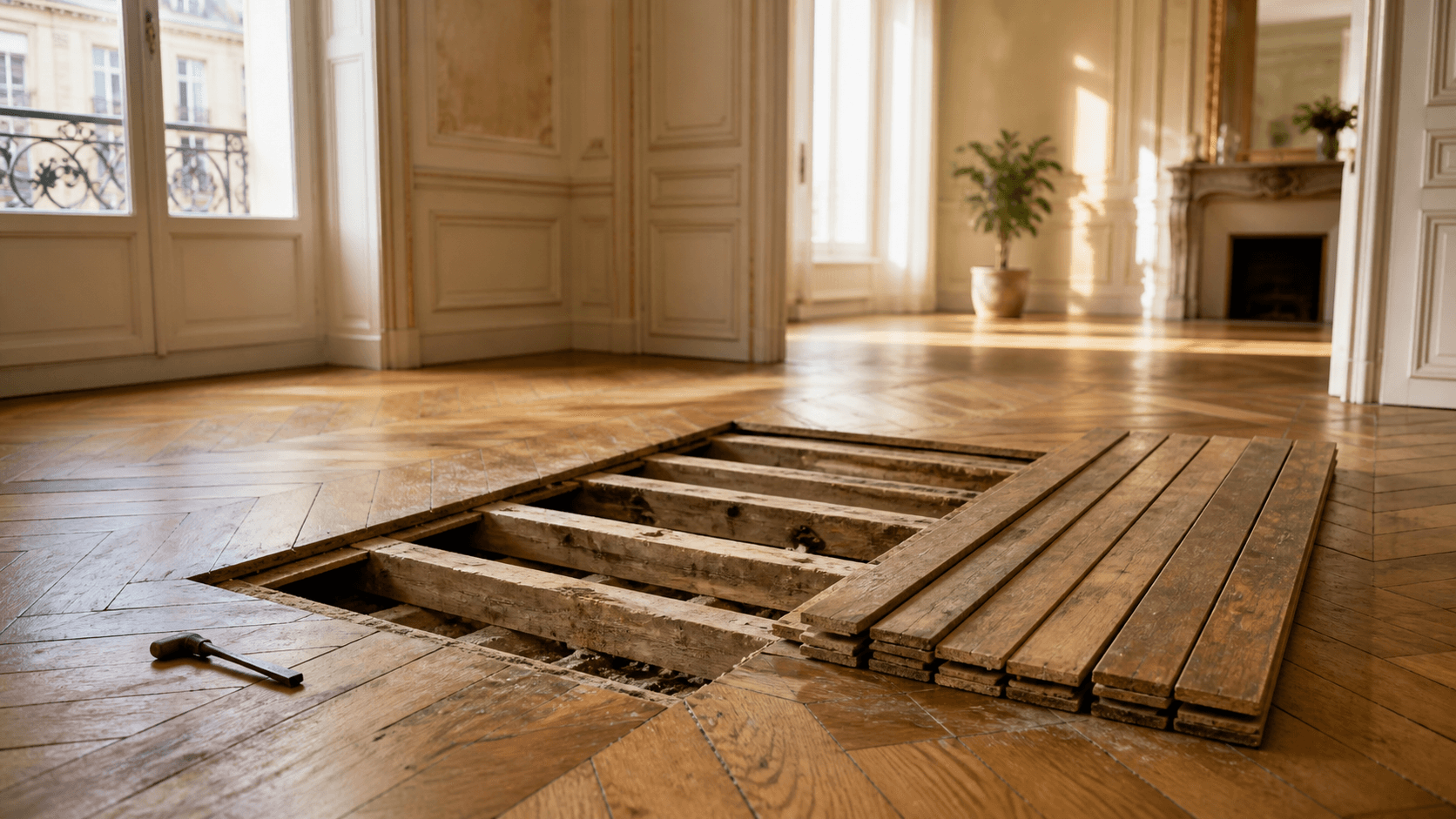 Parquet ancien en chêne déposé avec soin pour être réemployé à Bordeaux