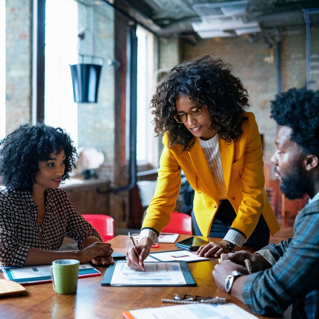 A diverse team collaboratively working around a conference table, focusing on an employment sponsorship document, set against a backdrop featuring a world map and digital global market screens, symbolizing international employment opportunities and cultural exchange