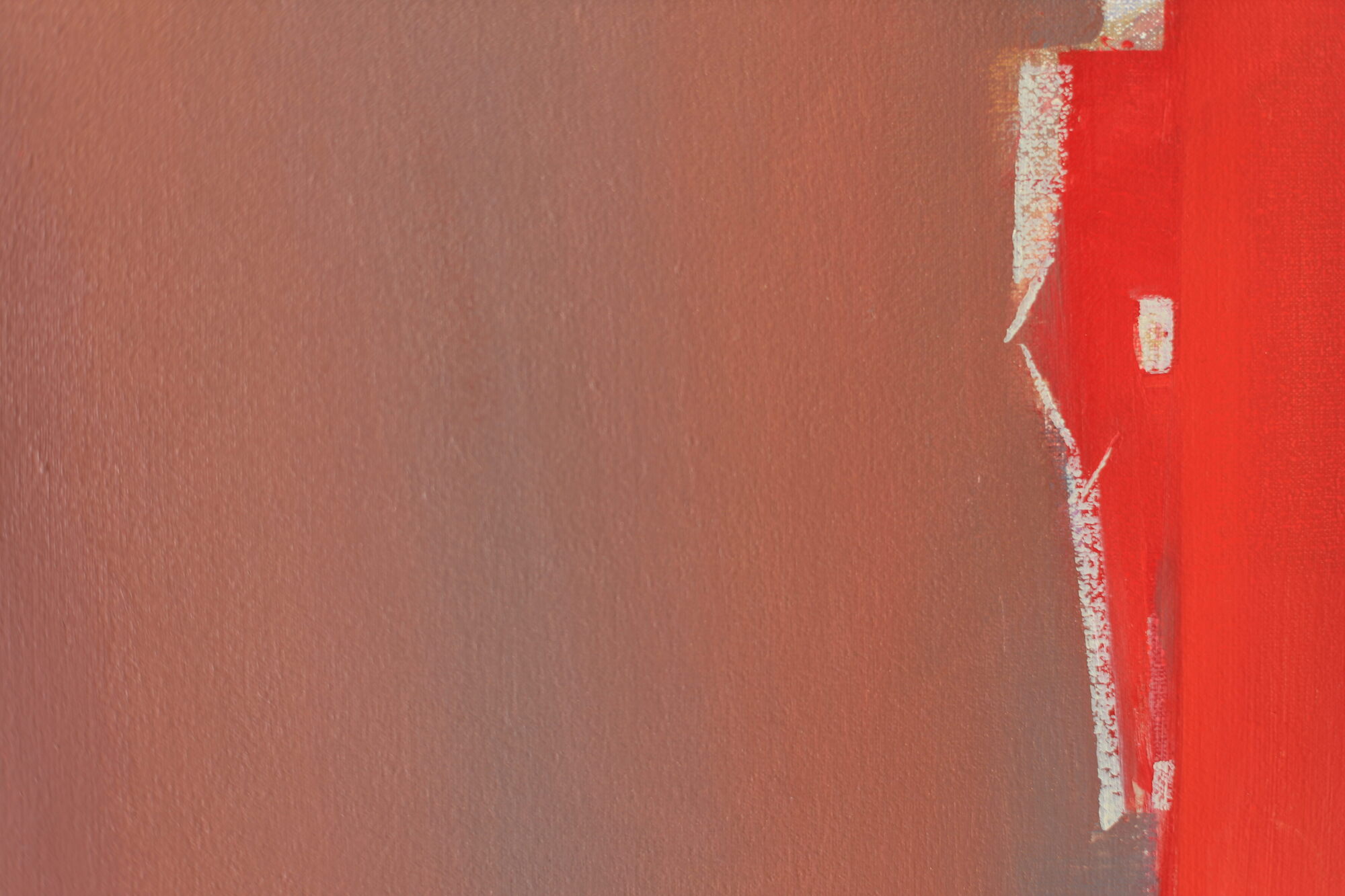 Abstract painting featuring bold red and earthy brown hues, with geometric forms creating a minimalist landscape against a warm, textured background.