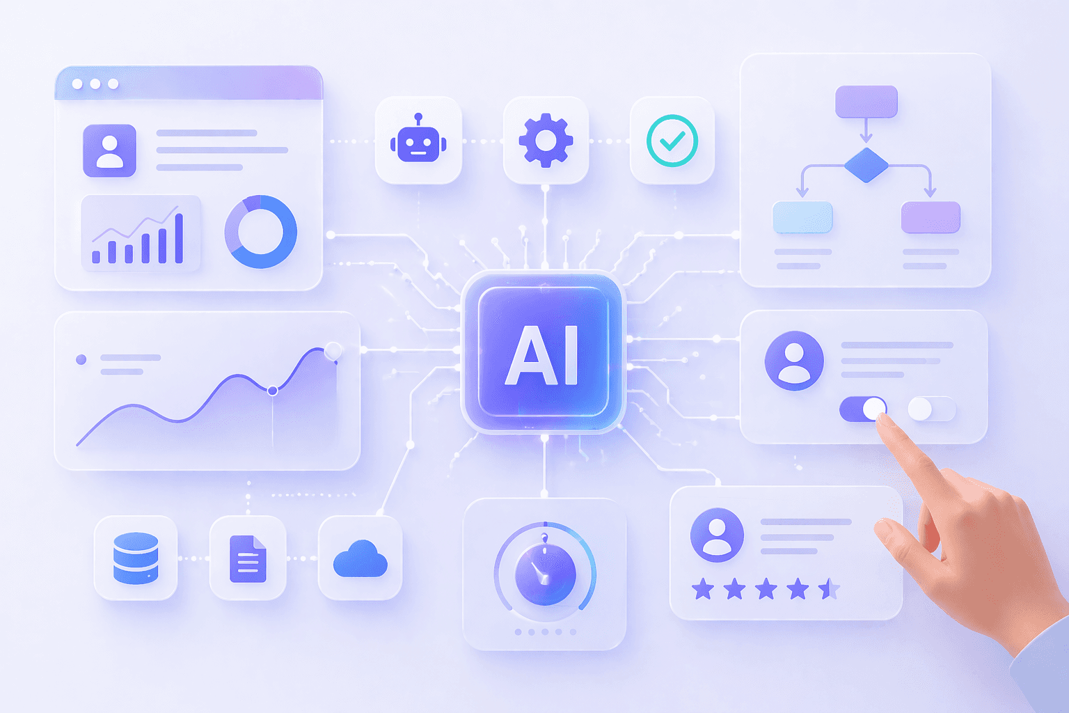 Futuristic AI interface with a central AI hub connected to data dashboards, user controls, and automation elements, visualizing intelligent system design by Artonest Design Studio