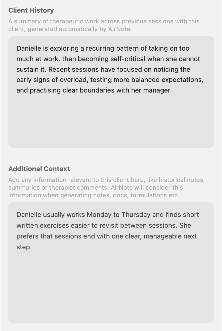 The client panel scrolled down to show the automatically generated Client History above the separate, editable Additional Context field.
