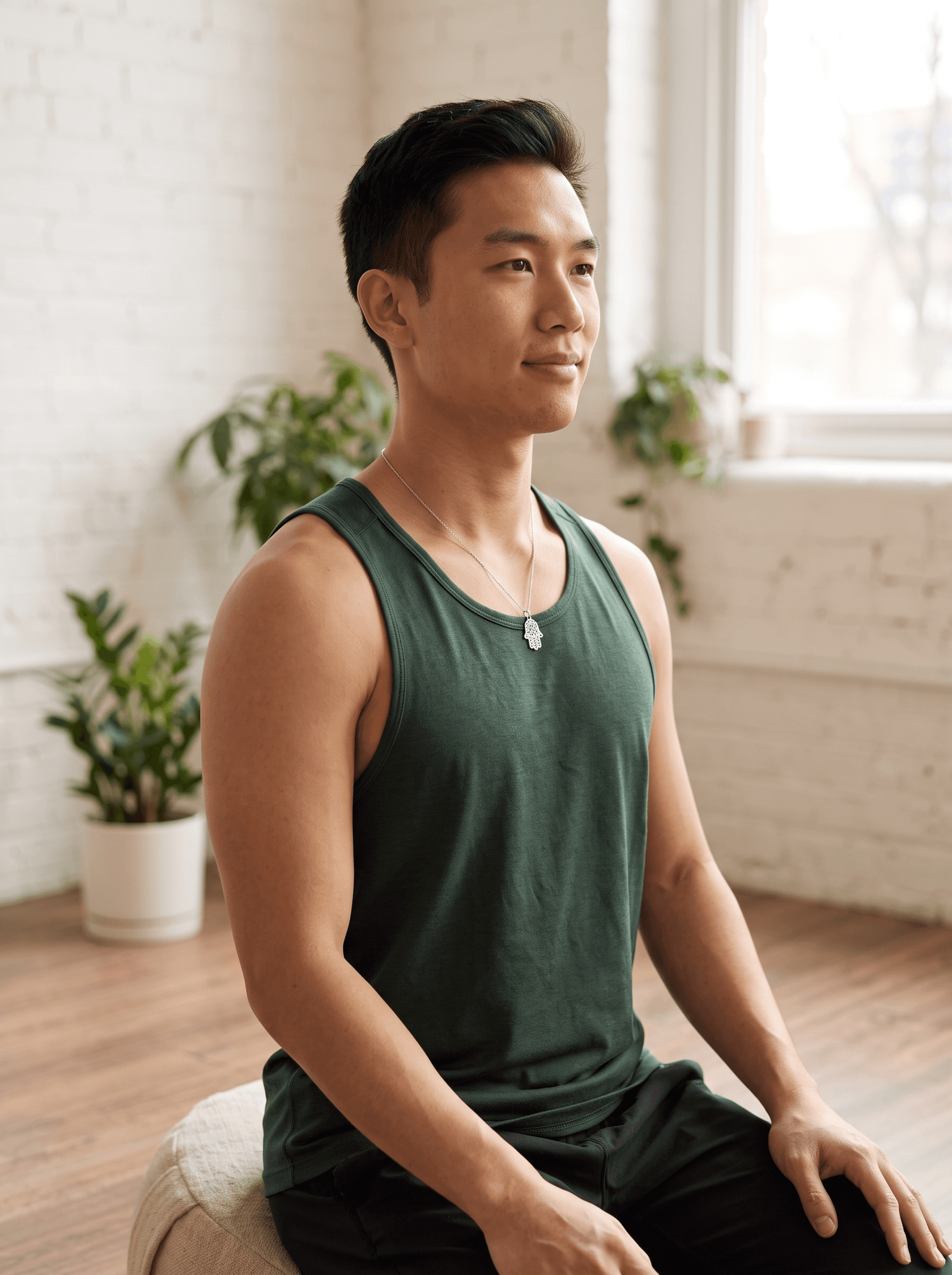     Young male yoga teacher with Asian features