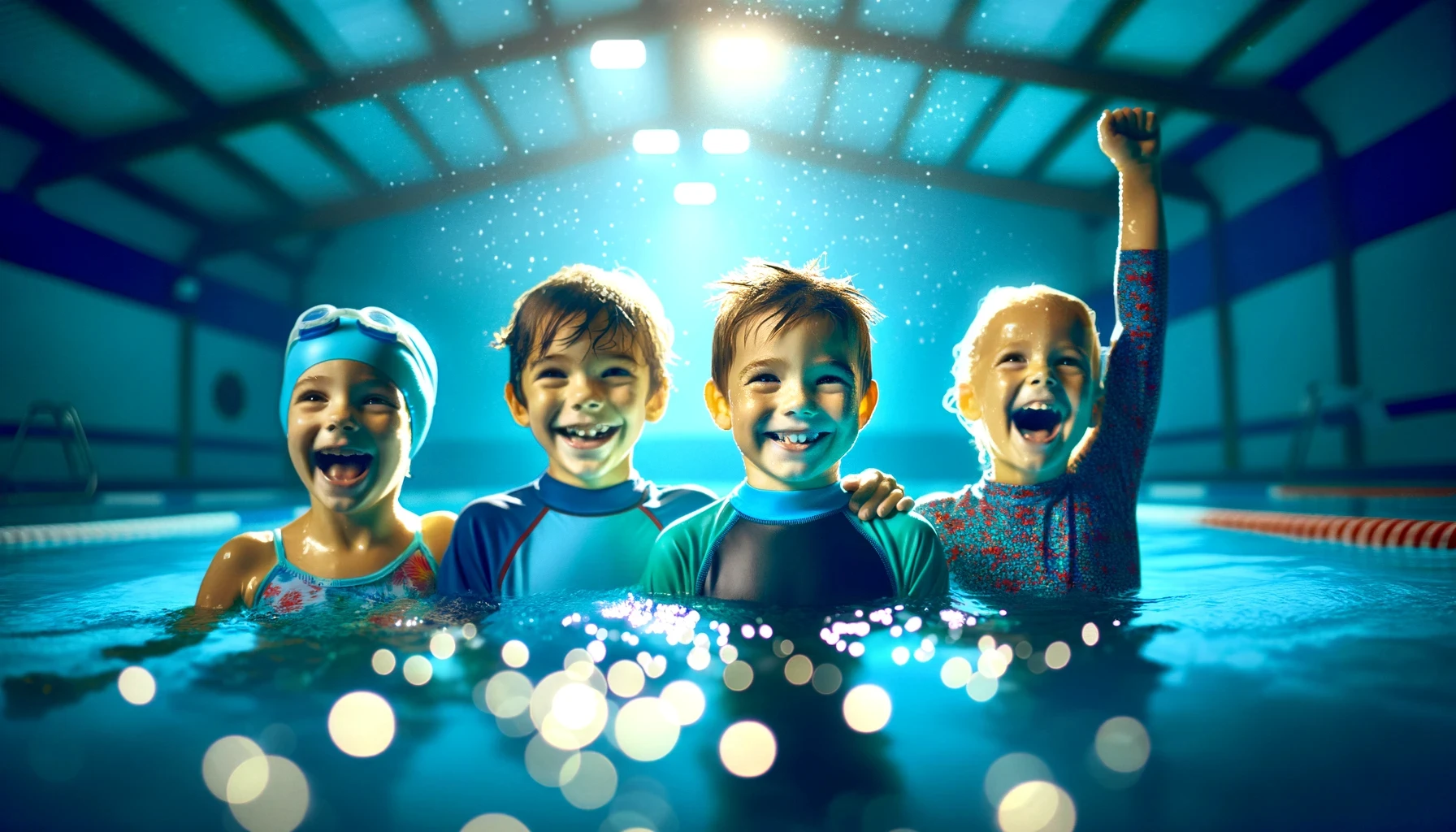Quatres enfants au bord d'une piscine intérieure, lumineuse et accueillante avec une teinte bleutée. Ils se tiennent côte à côte, rayonnants de joie et de fierté après leur première initiation réussie à l'eau. Le premier enfant, au milieu, lève les bras en signe de victoire, le deuxième enfant à sa droite rit joyeusement. L'eau de la piscine en arrière-plan scintille, reflétant la lumière et l'énergie positive de leur première expérience réussie dans l'eau. L'atmosphère traduit l'amitié, la réussite et l'enthousiasme partagé.