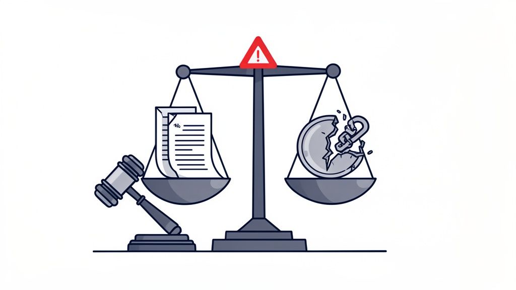 Scales of justice balancing legal documents, a gavel, and a broken coin with a broken chain, under a warning sign.