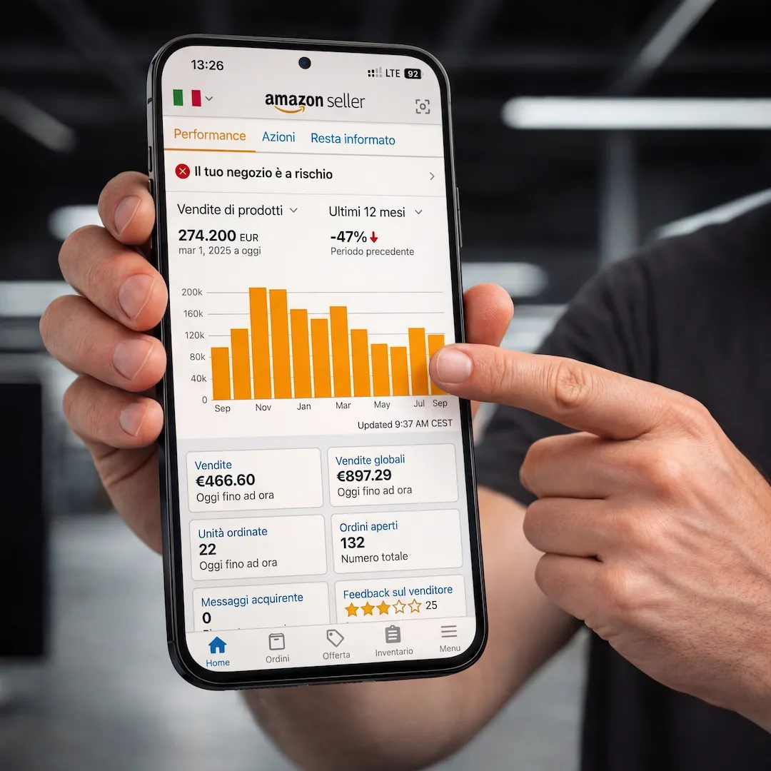 Persona che utilizza smartphone con dashboard Amazon Seller Central visualizzata sullo schermo