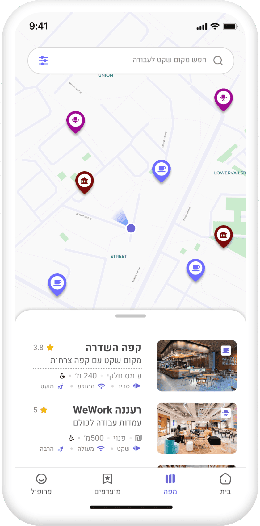 Quork map screen: workspace pins across the city with a results list underneath