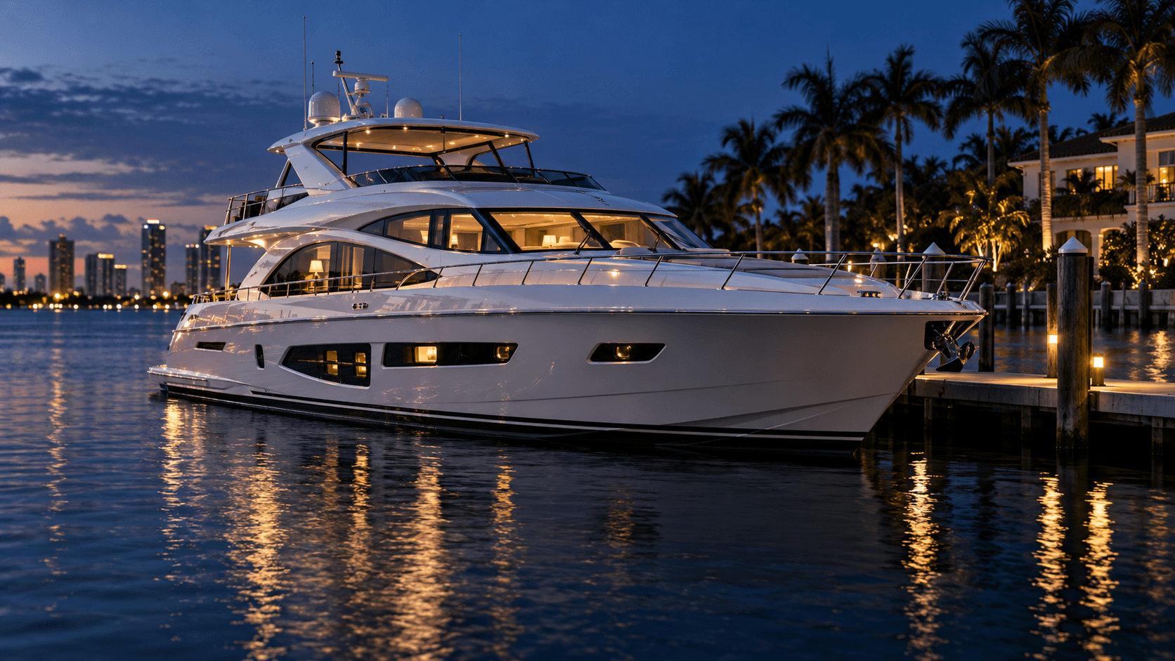 AI-generated concept: motor yacht in a Florida marina at dusk