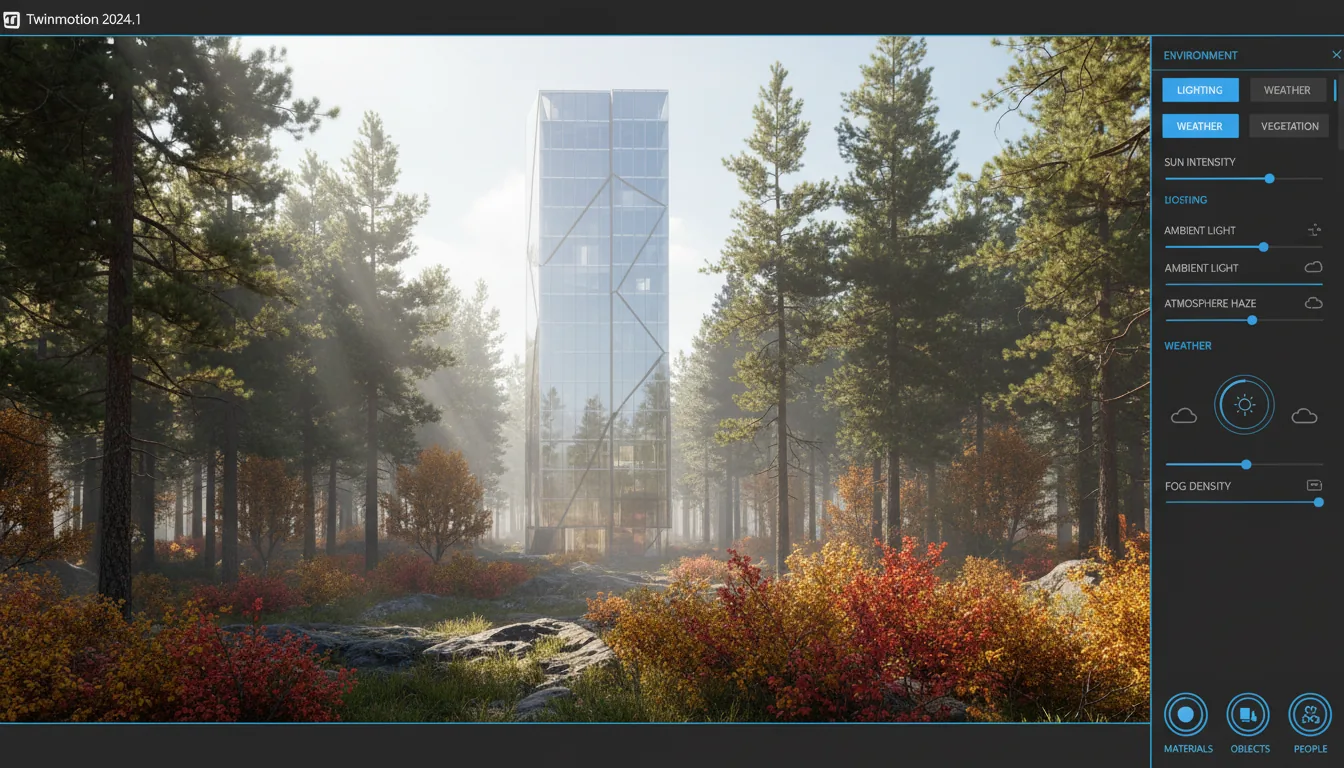 A screenshot of the Twinmotion 3D architectural rendering software, featuring a Modern Dark Mode UI with vibrant blue highlights. The main viewport displays a photorealistic render of a modern glass building set in a dense pine forest with rocky terrain and autumnal bushes. The lighting is bright daylight, creating atmospheric haze and god rays through the trees. A vertical sidebar on the right contains UI elements with settings panels, icons, and sliders for environmental controls like lighting and weather.