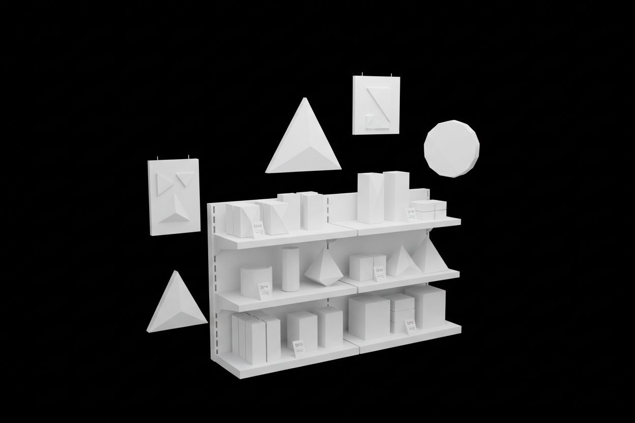 A retail workspace with product packaging, price tags, and promotional materials