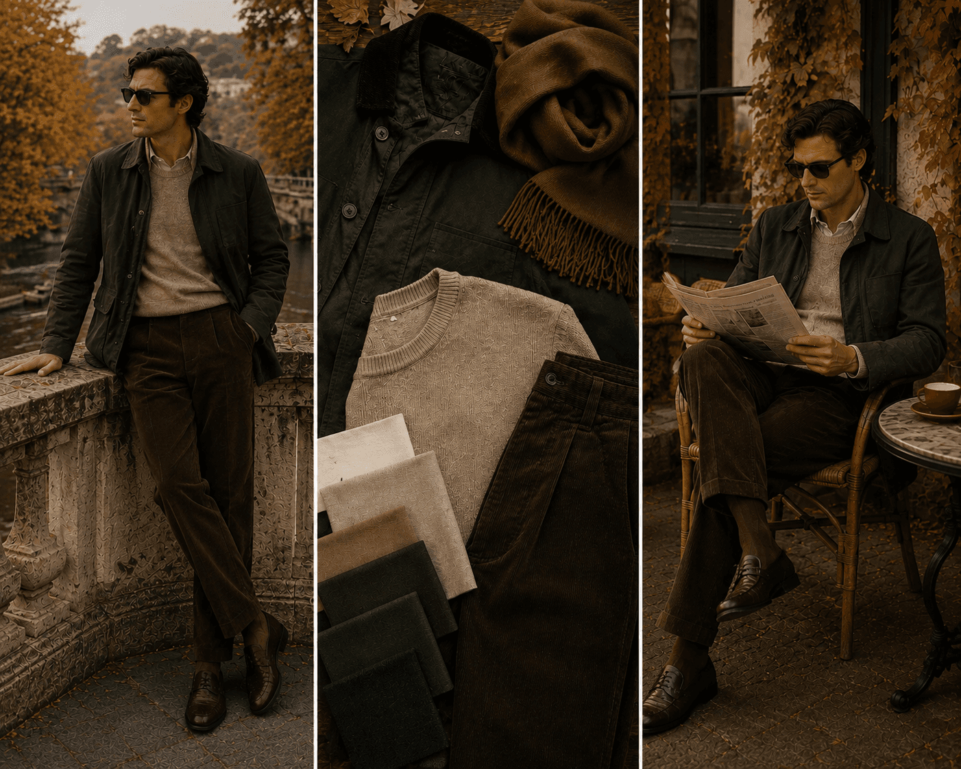 A three-panel autumn fashion lookbook showcasing a classic smart-casual men's outfit. The left panel shows a male model leaning against a stone bridge balustrade by a river wearing a dark olive green field jacket, beige crewneck sweater, dark brown corduroy trousers, dark sunglasses, and brown leather loafers. The middle panel features a flat-lay breakdown of the garments including the olive jacket, beige knit sweater, pleated brown corduroy pants, fringed wool scarf, and earthy fabric swatches. The right panel shows the model seated at an outdoor café table reading a newspaper while enjoying coffee surrounded by fall foliage.