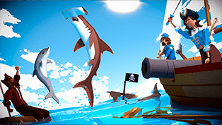 Sharks jump out of the water as pirates attack