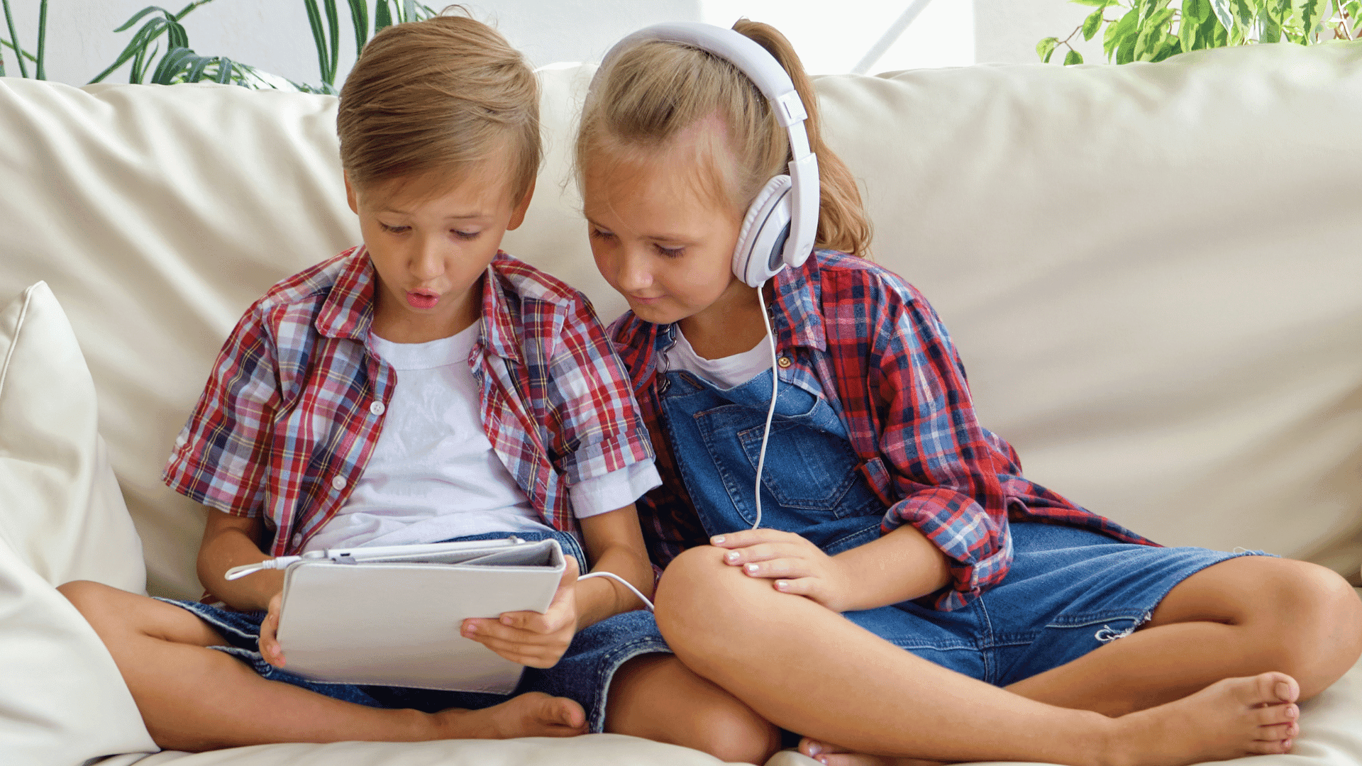 Two children looking at a tablet, with one child listening to HushAway®’s Sound Sanctuary.