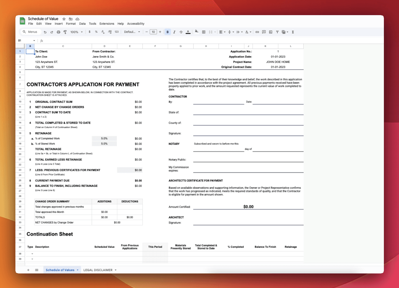 Spreadsheet showing a contractor’s Schedule of Values and Application for Payment form in Google Sheets, modeled after the AIA-style G702 and G703 layout, with contract details, retainage calculations, and certification sections clearly displayed.