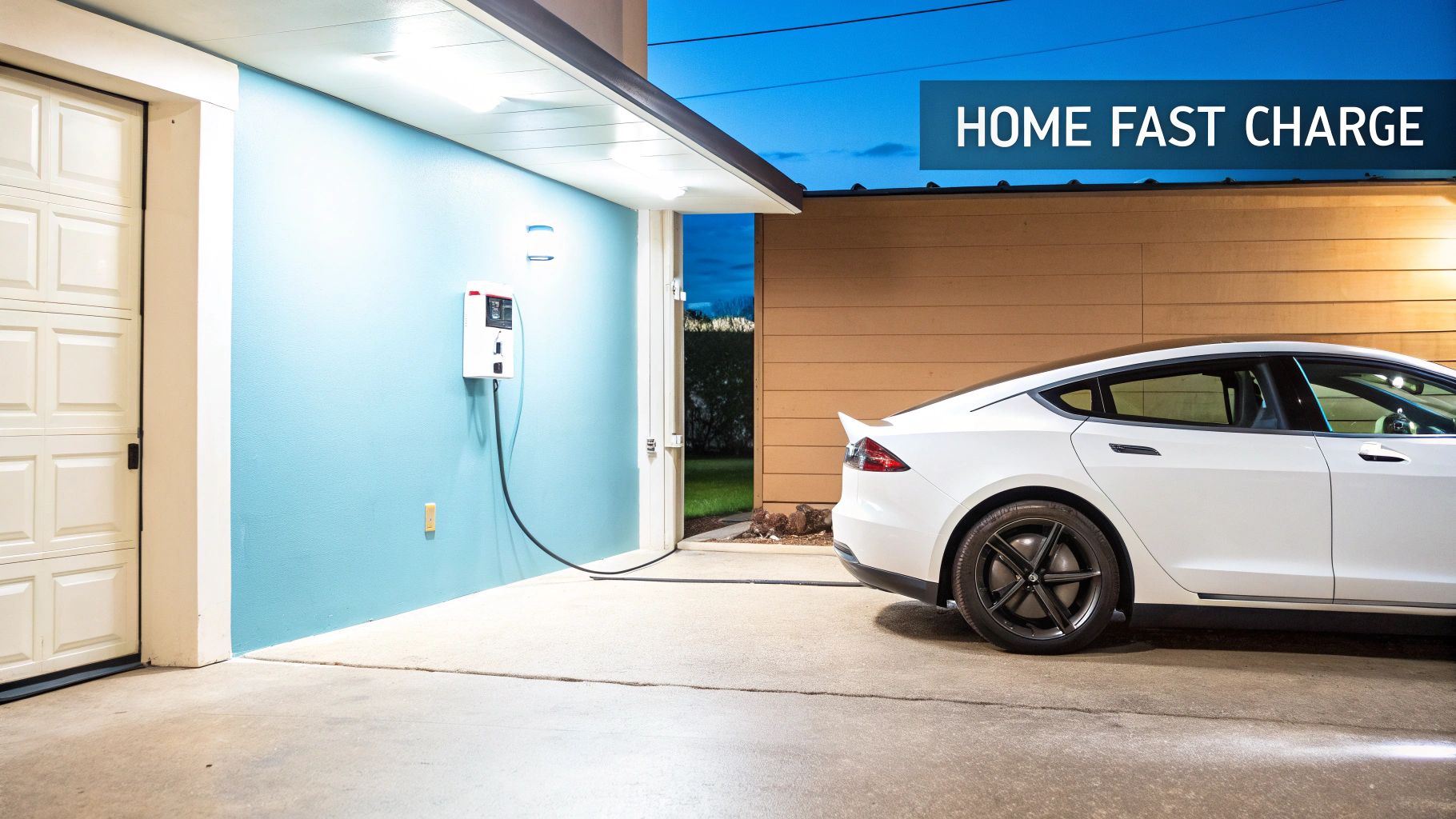 a white tesla charging in a well lit driveway