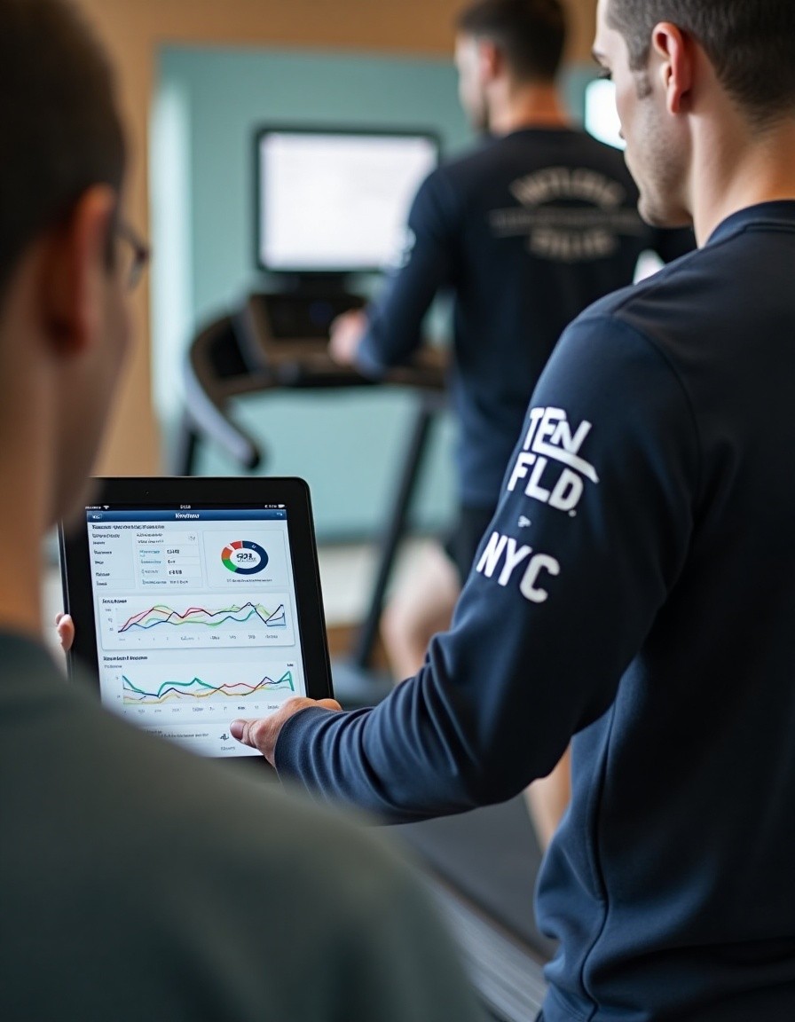 ten fld nyc trainer taking ditness assessments of new client