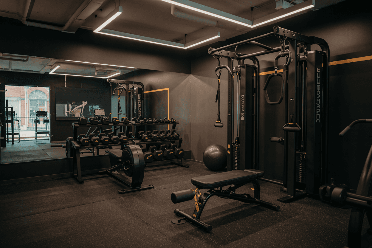 woman standing surrounded by exercise equipment