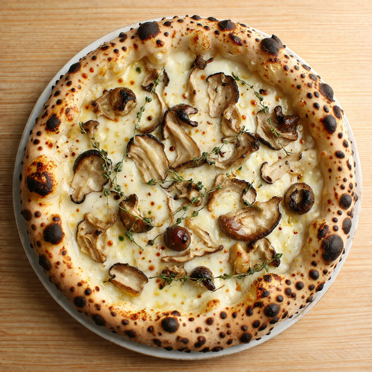 Funghi Bianca: Wild mushrooms, garlic cream, thyme, parmesan snow.