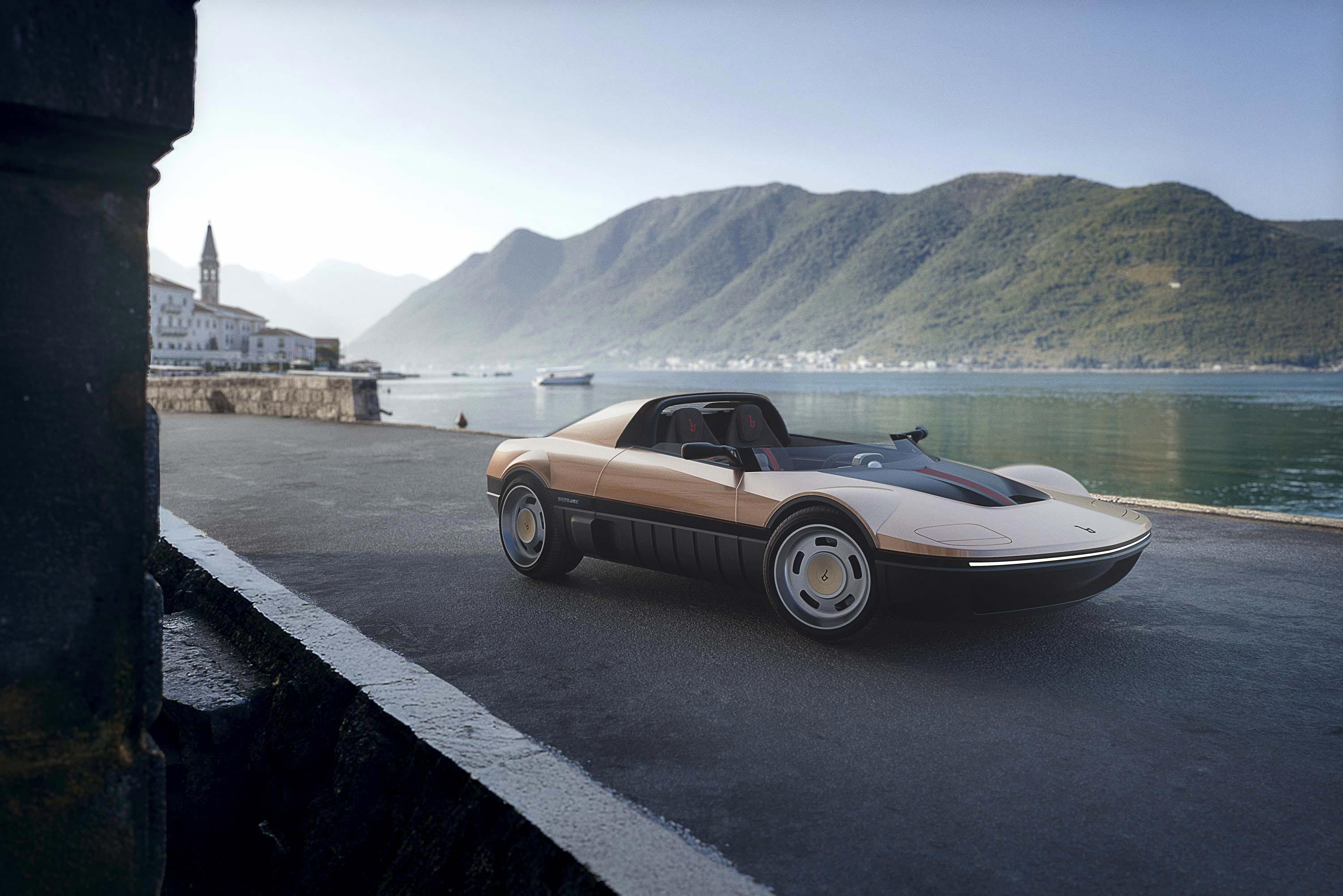 Photorealistic render of Bertone Runabout next to a lake, 3/4 front view