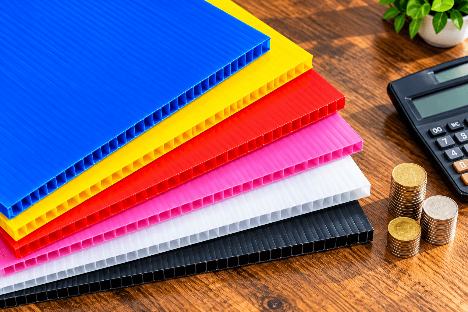 Colourful PP corrugated sheets on a desk with coins and a calculator