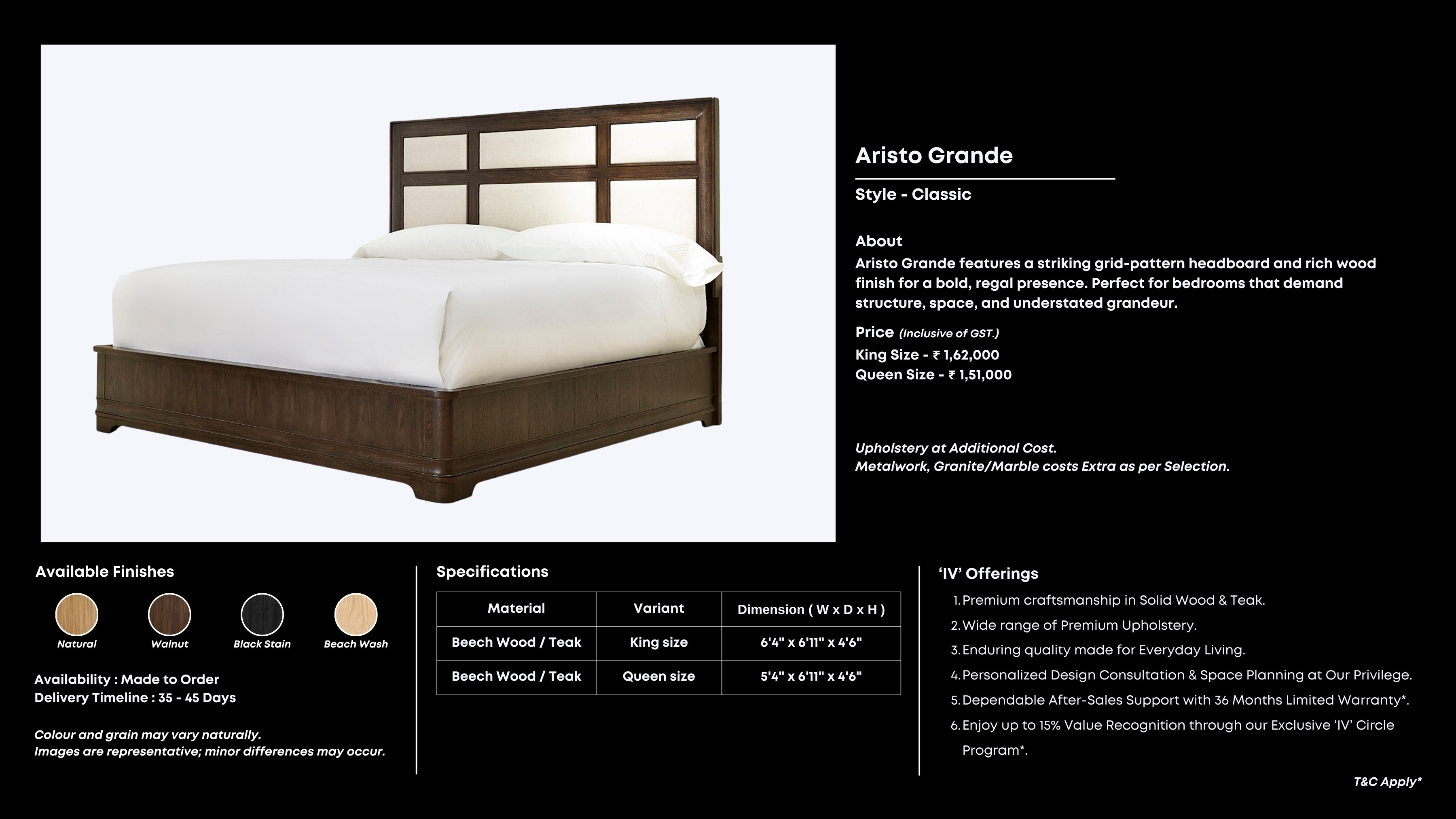 Wooden grid-panel bed with deep base and regal flair.