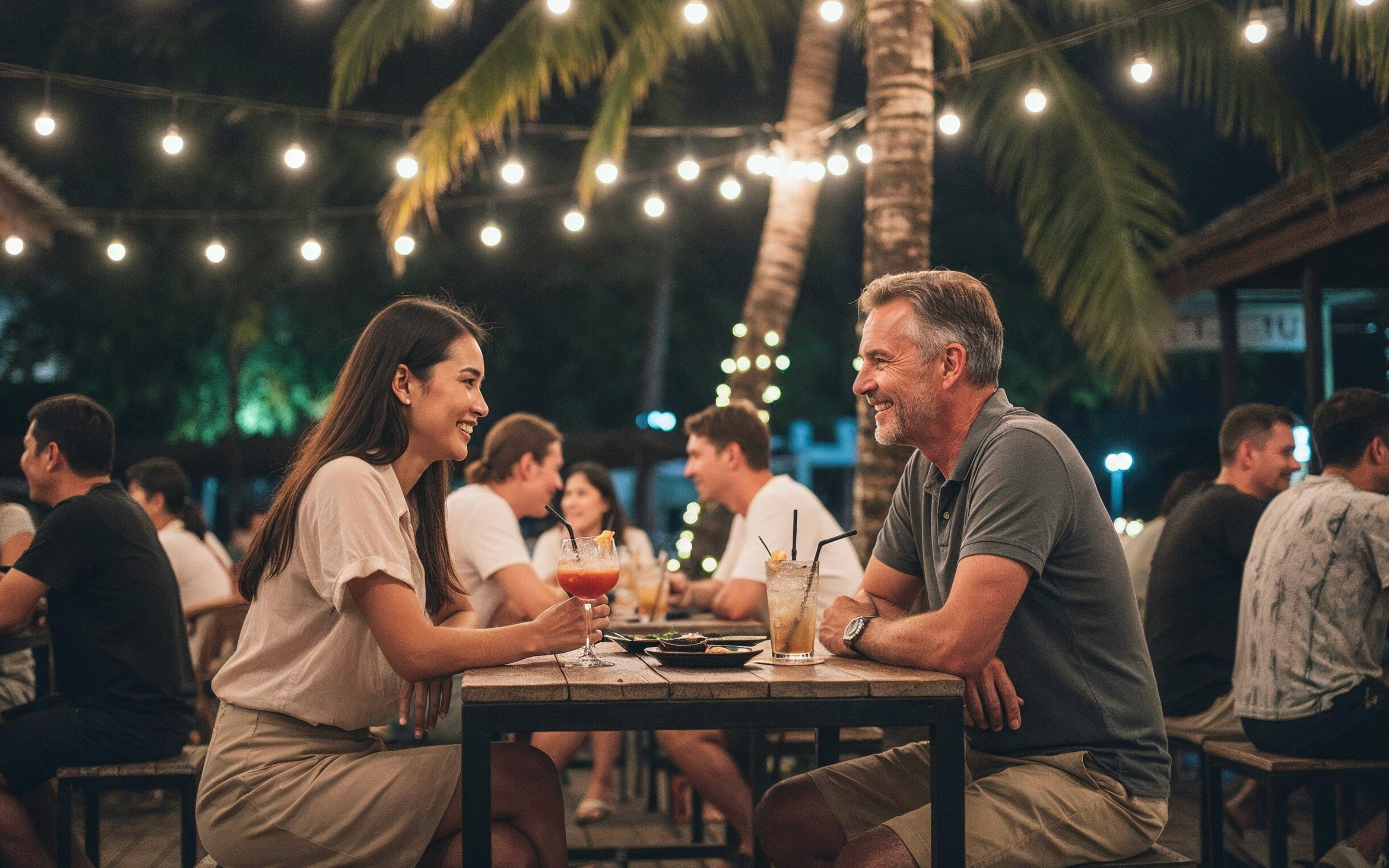An expat/thai couple enjoying drinks and conversation at an outdoor Hua Hin bar under string lights, surrounded by other people on a warm evening.