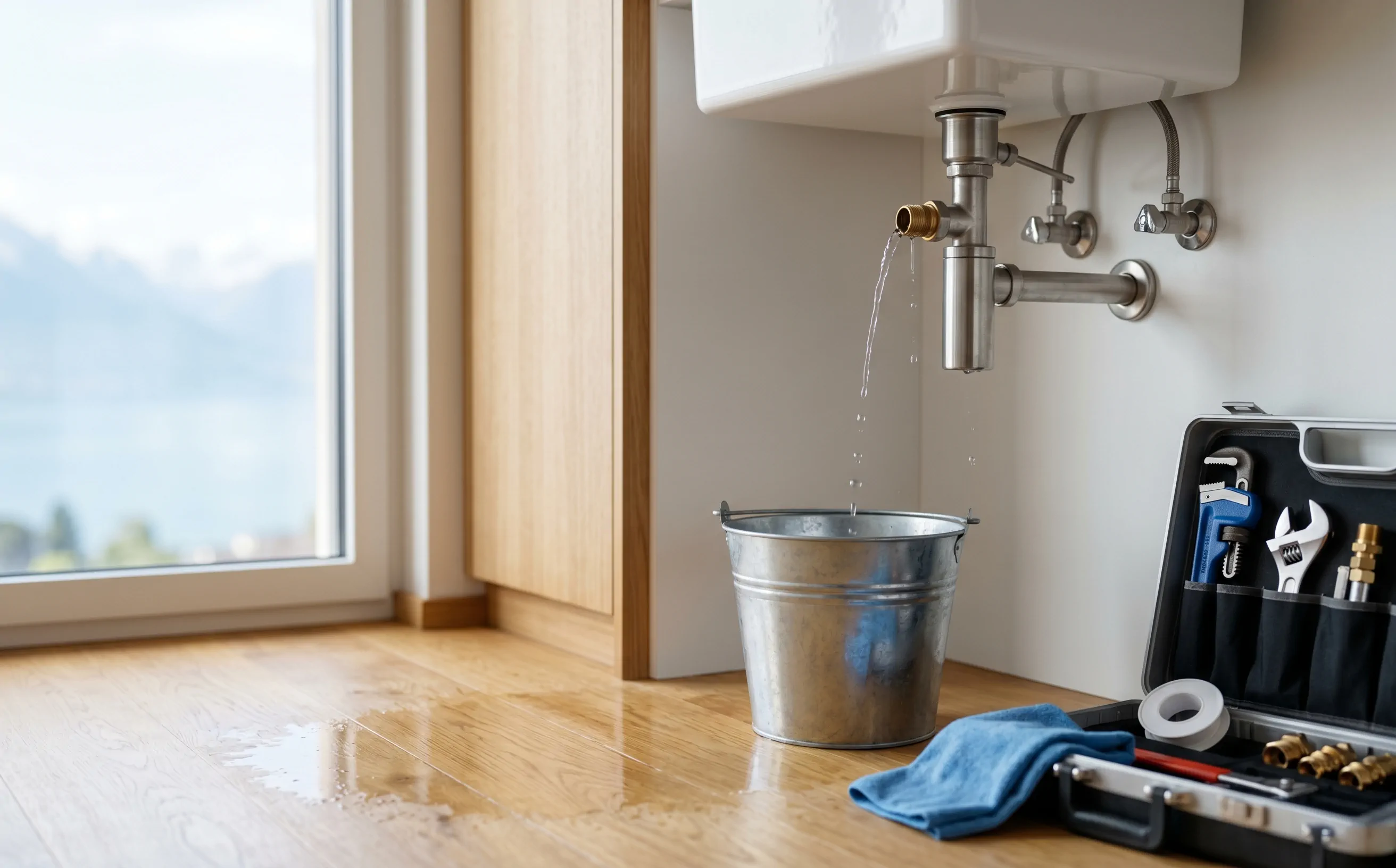 Photographie éditoriale d'une fuite d'eau sous un évier dans un intérieur suisse moderne. Un mince filet d'eau coule d'un raccord en laiton vers un seau galvanisé sur un sol en chêne clair. À côté, une boîte à outils de plombier organisée et un chiffon bleu sont prêts pour la réparation. Arrière-plan lumineux avec bois naturel et vue floue sur les Alpes à travers une fenêtre.