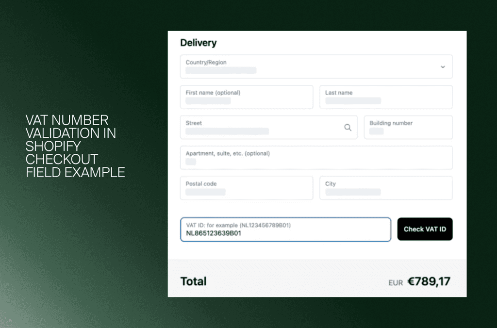 Lieferformular im Shopify Checkout mit Feld für die USt-IdNr. und dem Button Check VAT ID