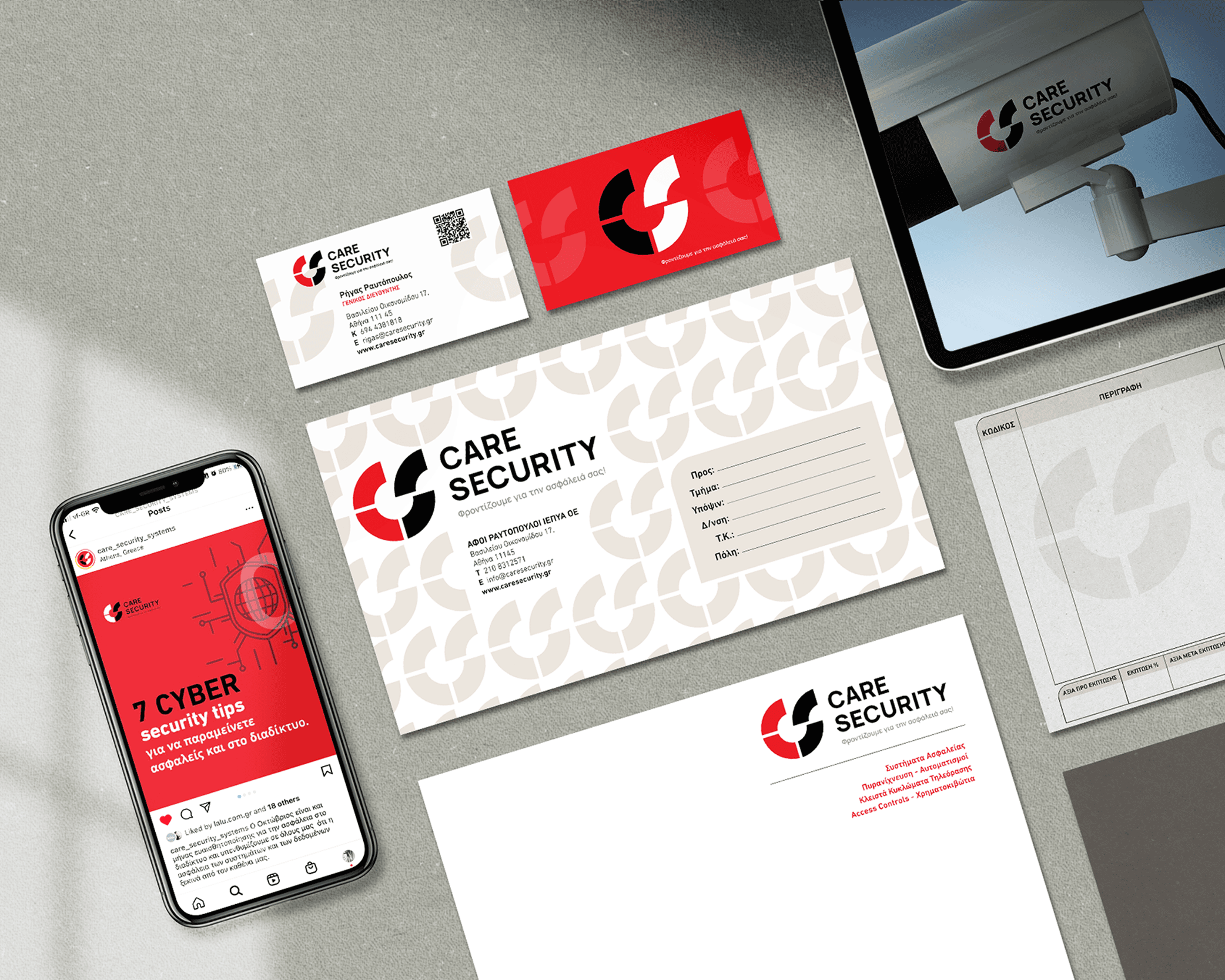 Corporate stationery design for Care Security, ensuring consistent brand application across business materials