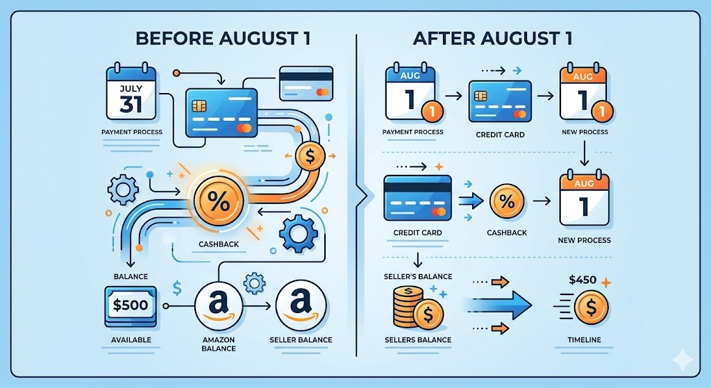 Comparison of Amazon seller advertising payment flow before and after August 1 2026 proceeds deduction change