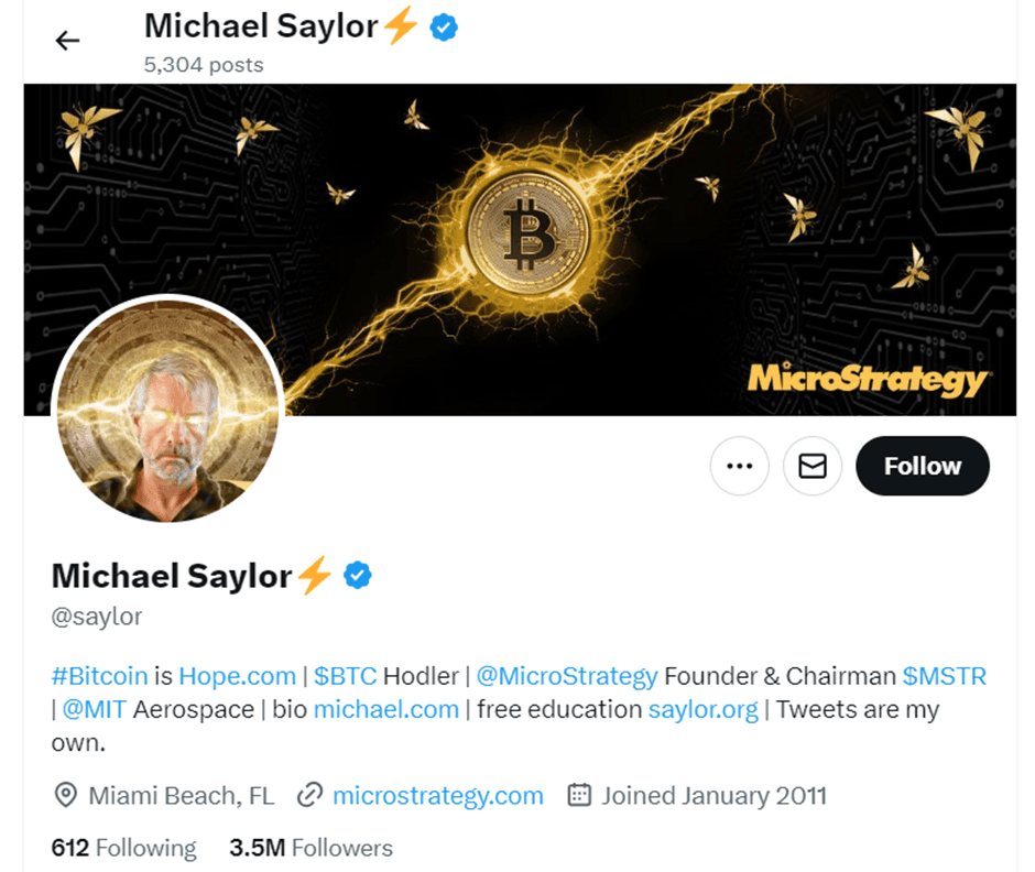 The X profile of Michael Saylor shows his about, picture, when he joined, and number of followers