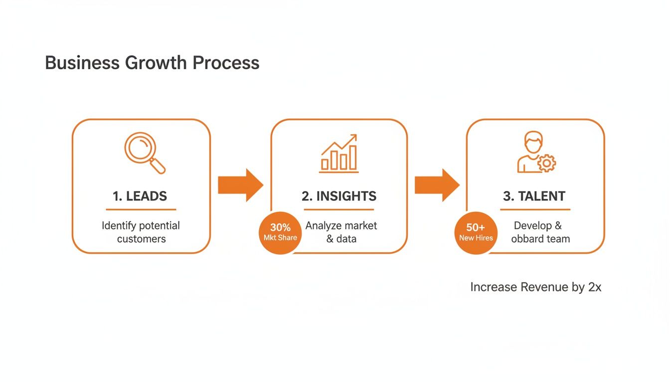 Flowchart of a business growth process, covering leads, market insights, and talent acquisition to increase revenue.